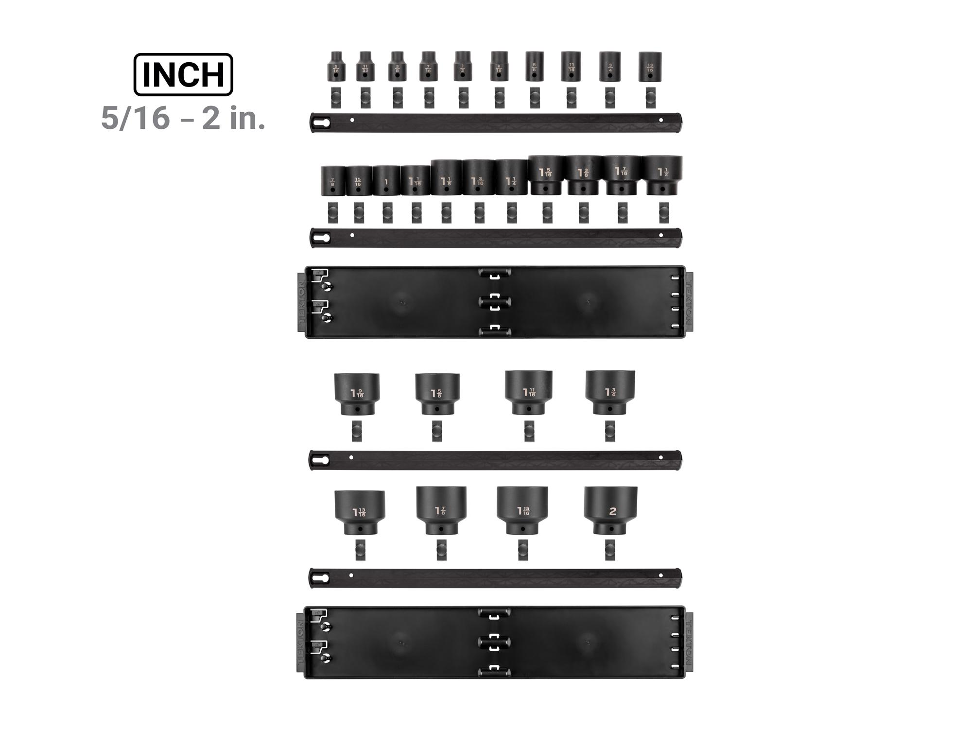 Laid out contents of Tekton rail and tray impact drive 6-point socket set. Item #SID92108