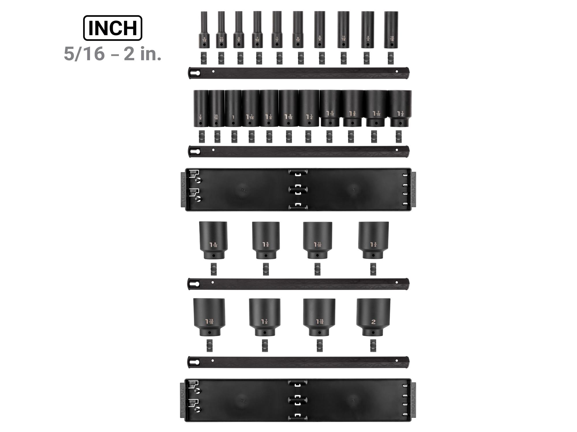 Laid out contents of Tekton rail impact drive 6-point socket set. Item #SID92109