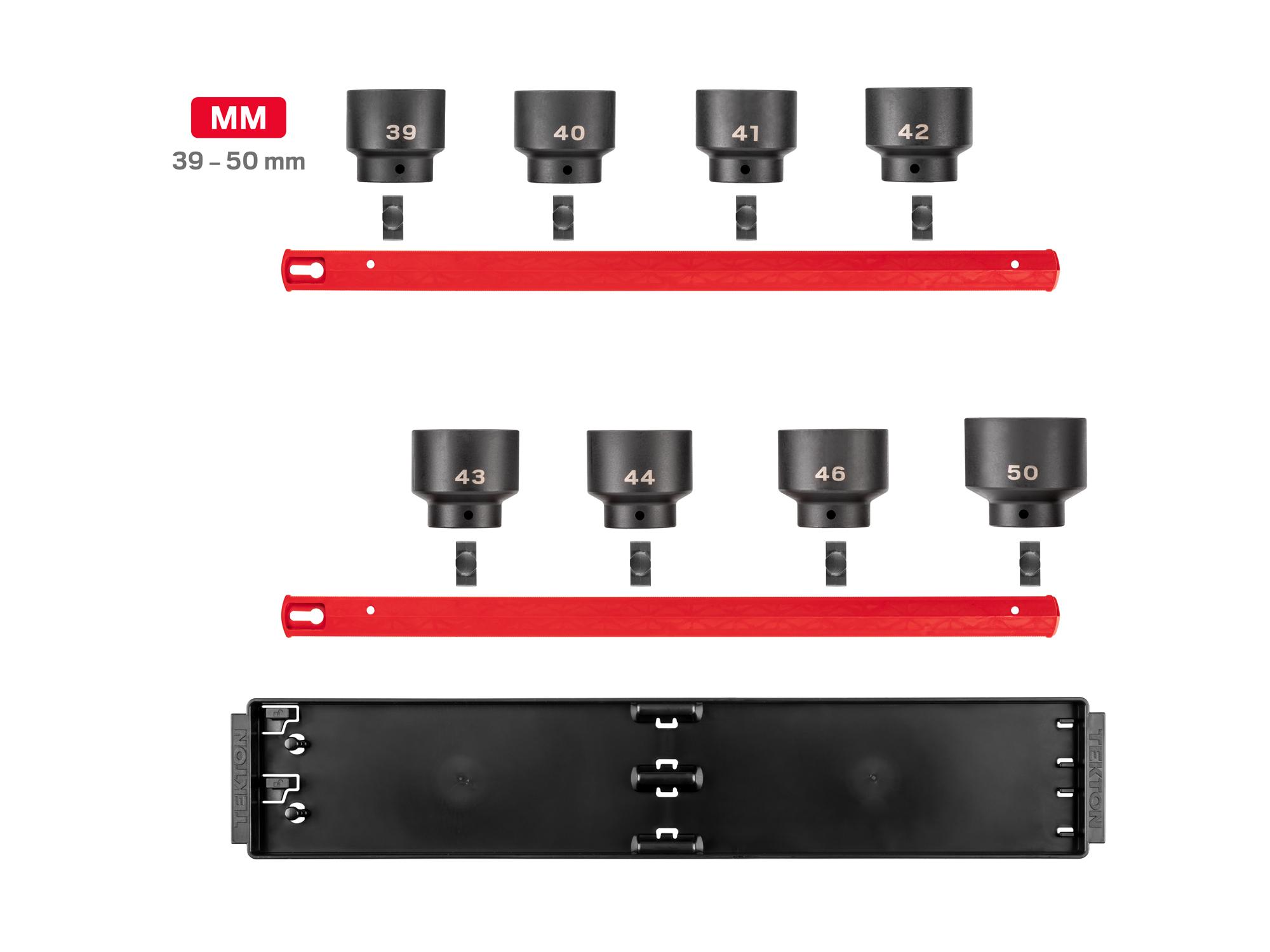 Laid out contents of Tekton rail and tray impact drive 6-point socket set. Item #SID92110
