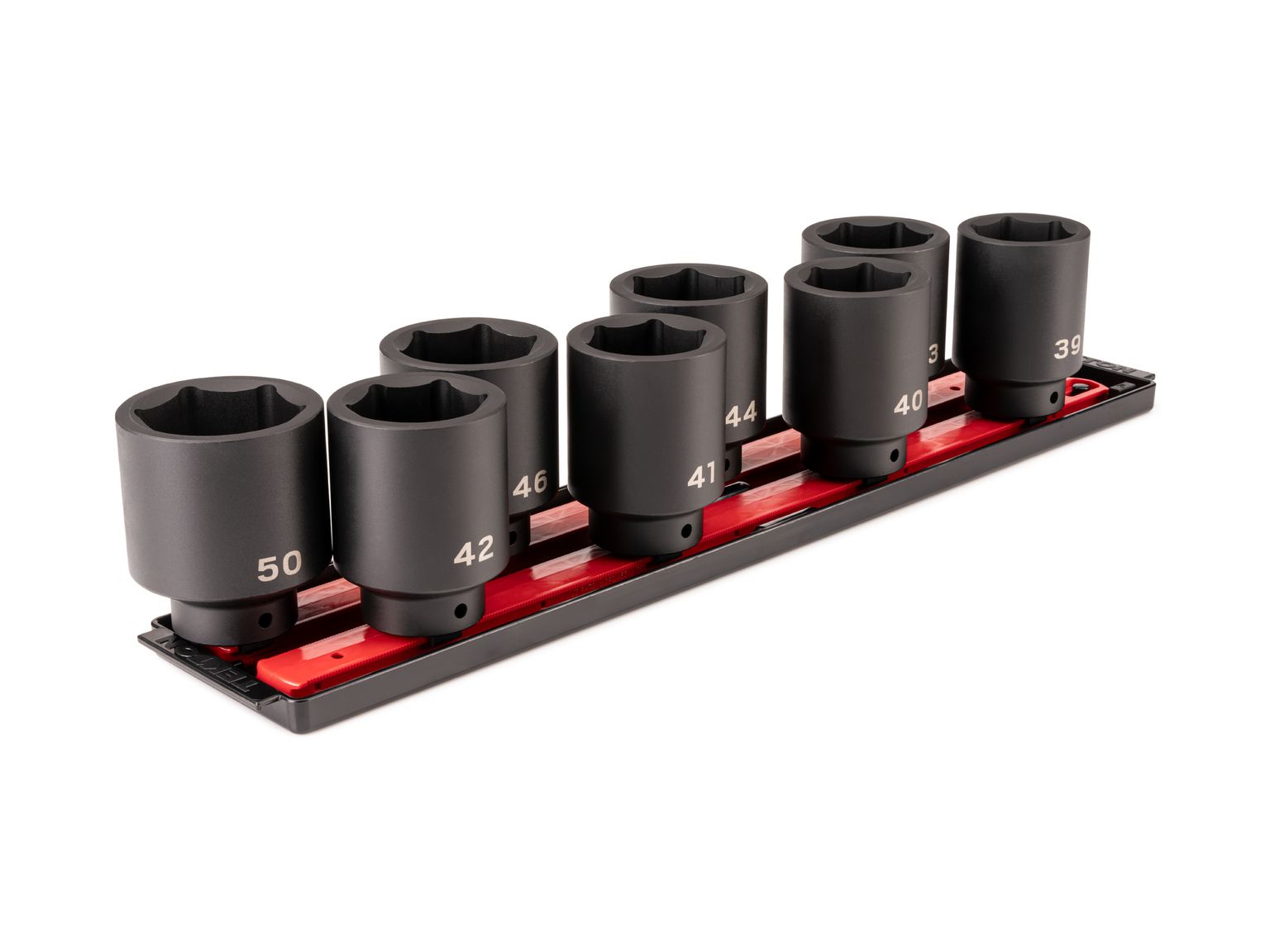 Front-right angle view of Tekton impact drive 6-point socket set. Item #SID92111