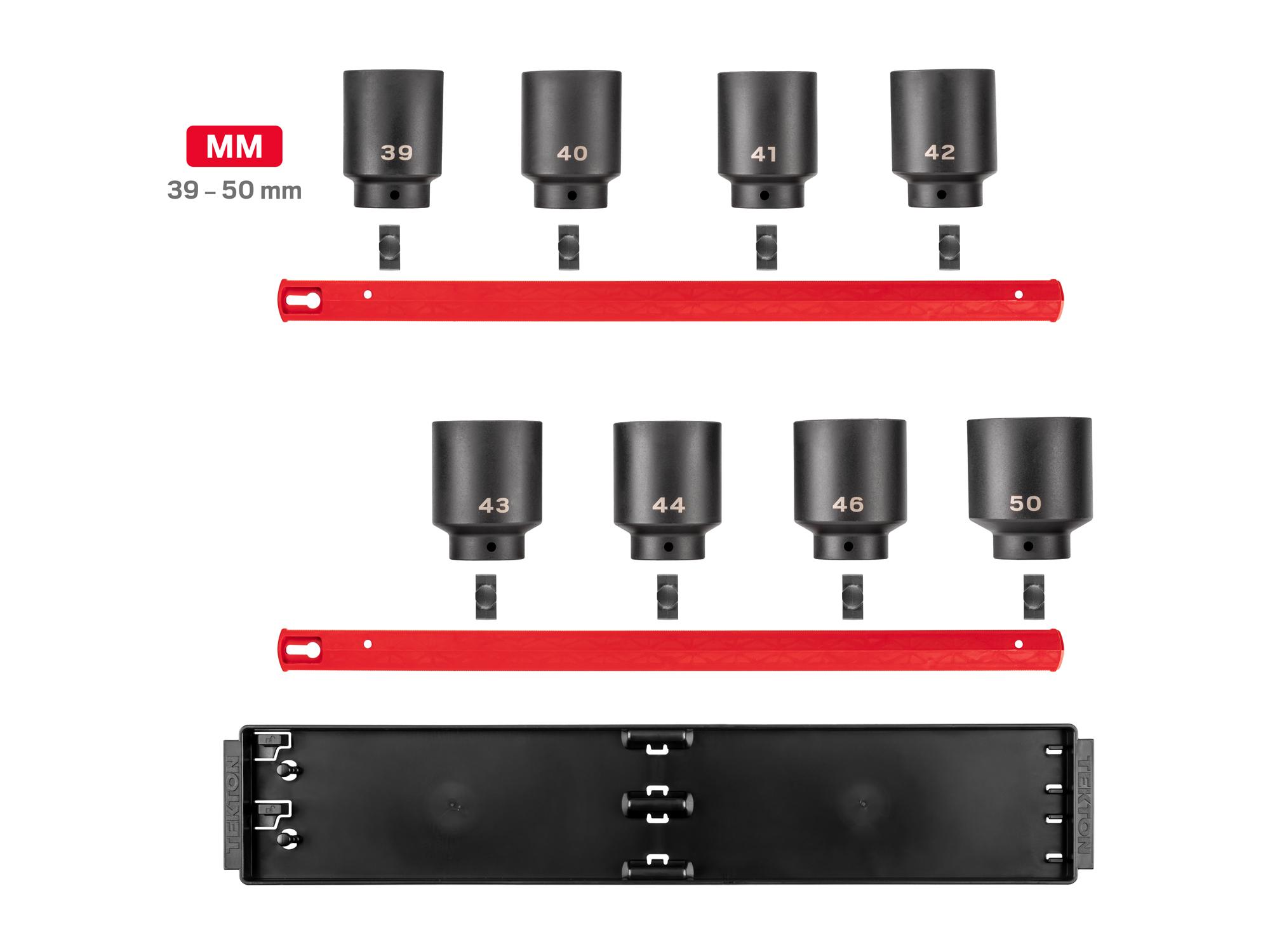 Laid out contents of Tekton rail and tray impact drive 6-point socket set. Item #SID92111