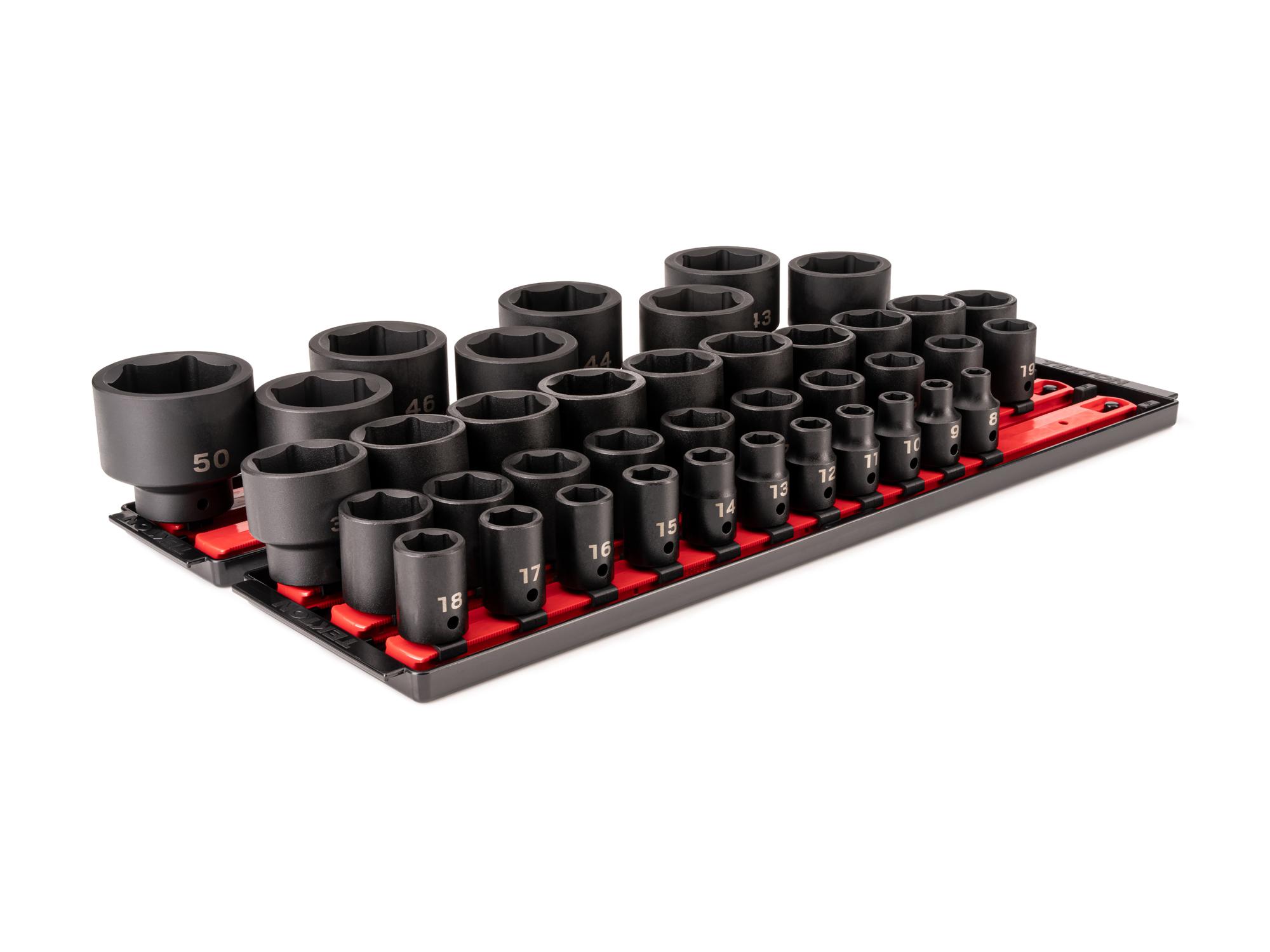 Front-right angle view of Tekton rail and tray impact drive 6-point socket set. Item #SID92112