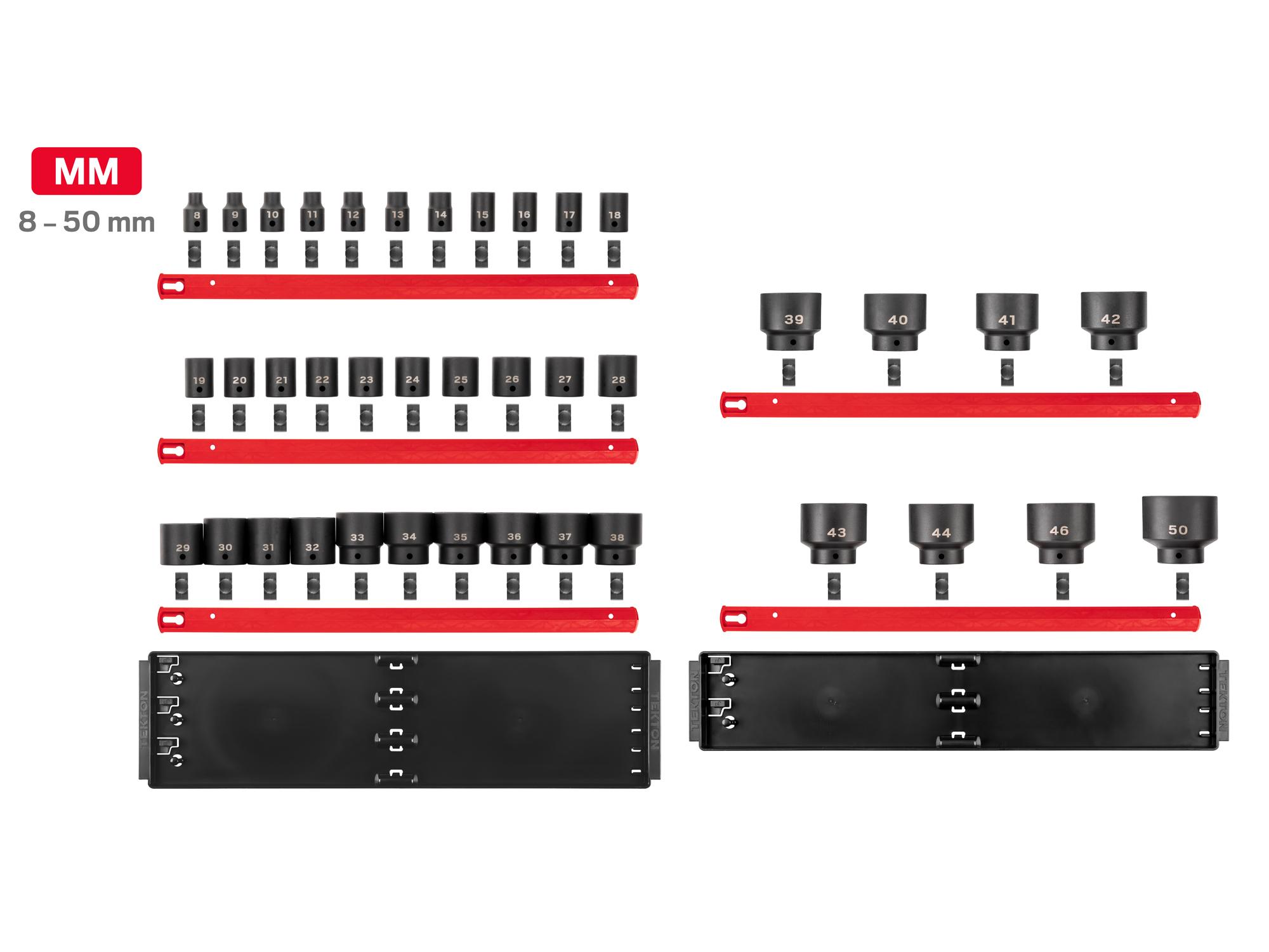 Laid out contents of Tekton rail and tray impact drive 6-point socket set. Item #SID92112