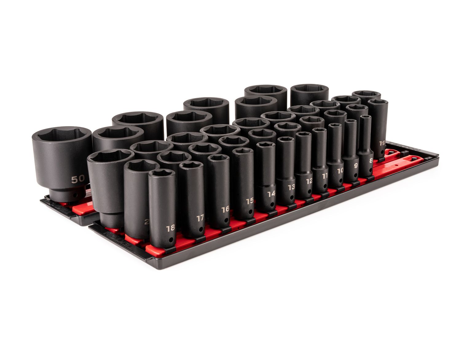 Front-right angle view of Tekton impact drive 6-point socket set. Item #SID92113