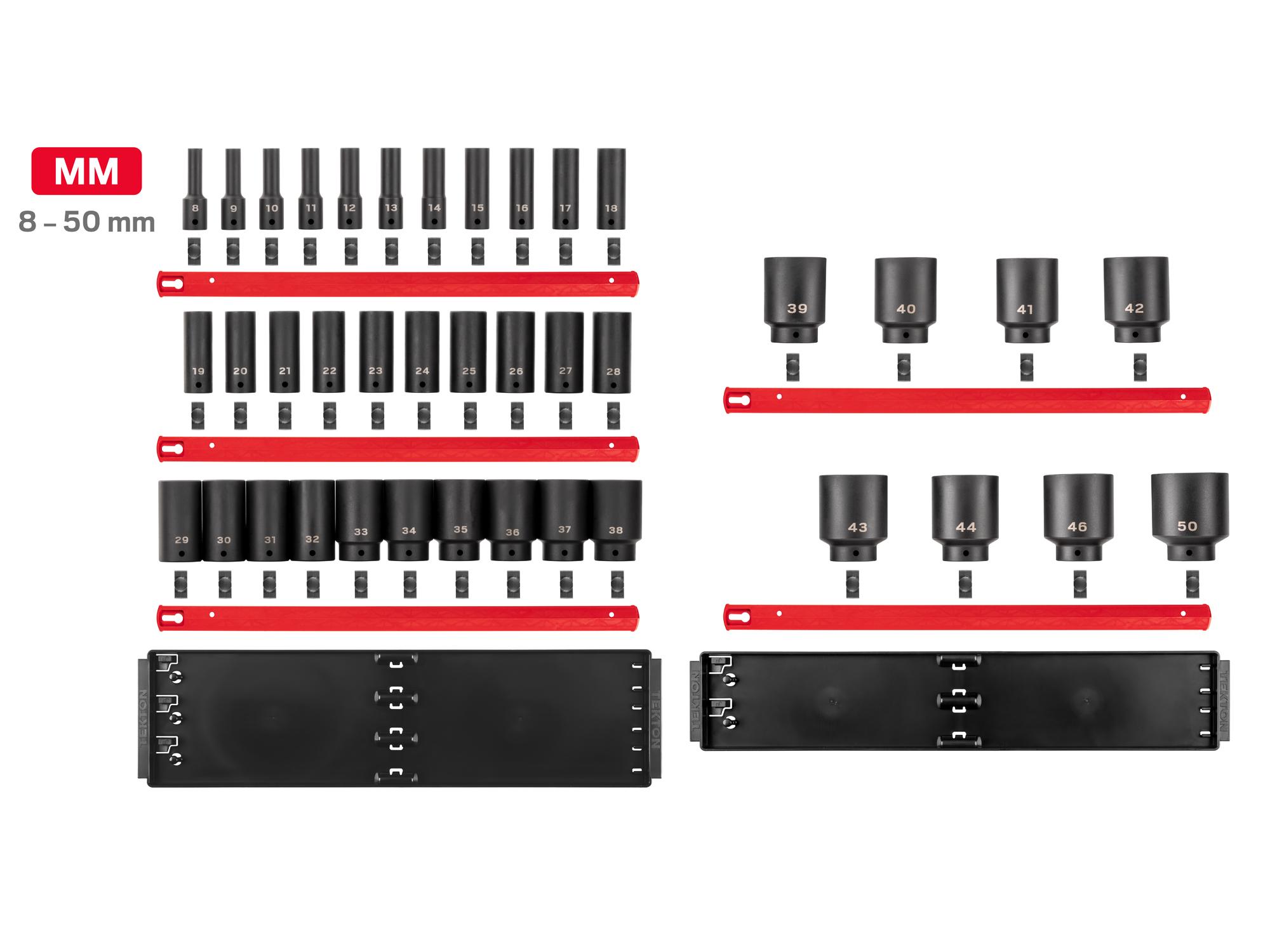 Laid out contents of Tekton rail and tray impact drive 6-point socket set. Item #SID92113