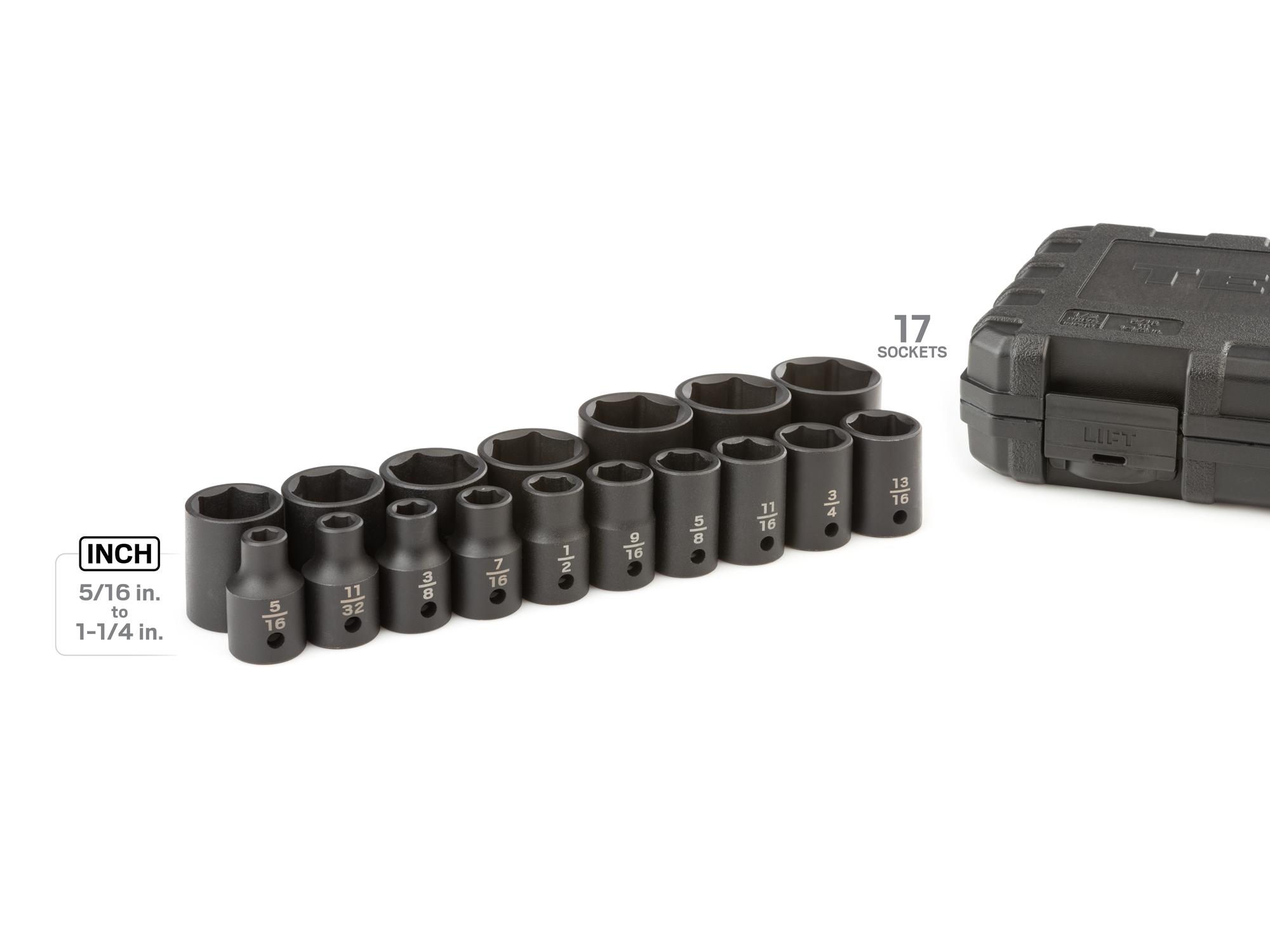 Laid out contents of Tekton case impact drive 6-point socket set. Item #SID92301