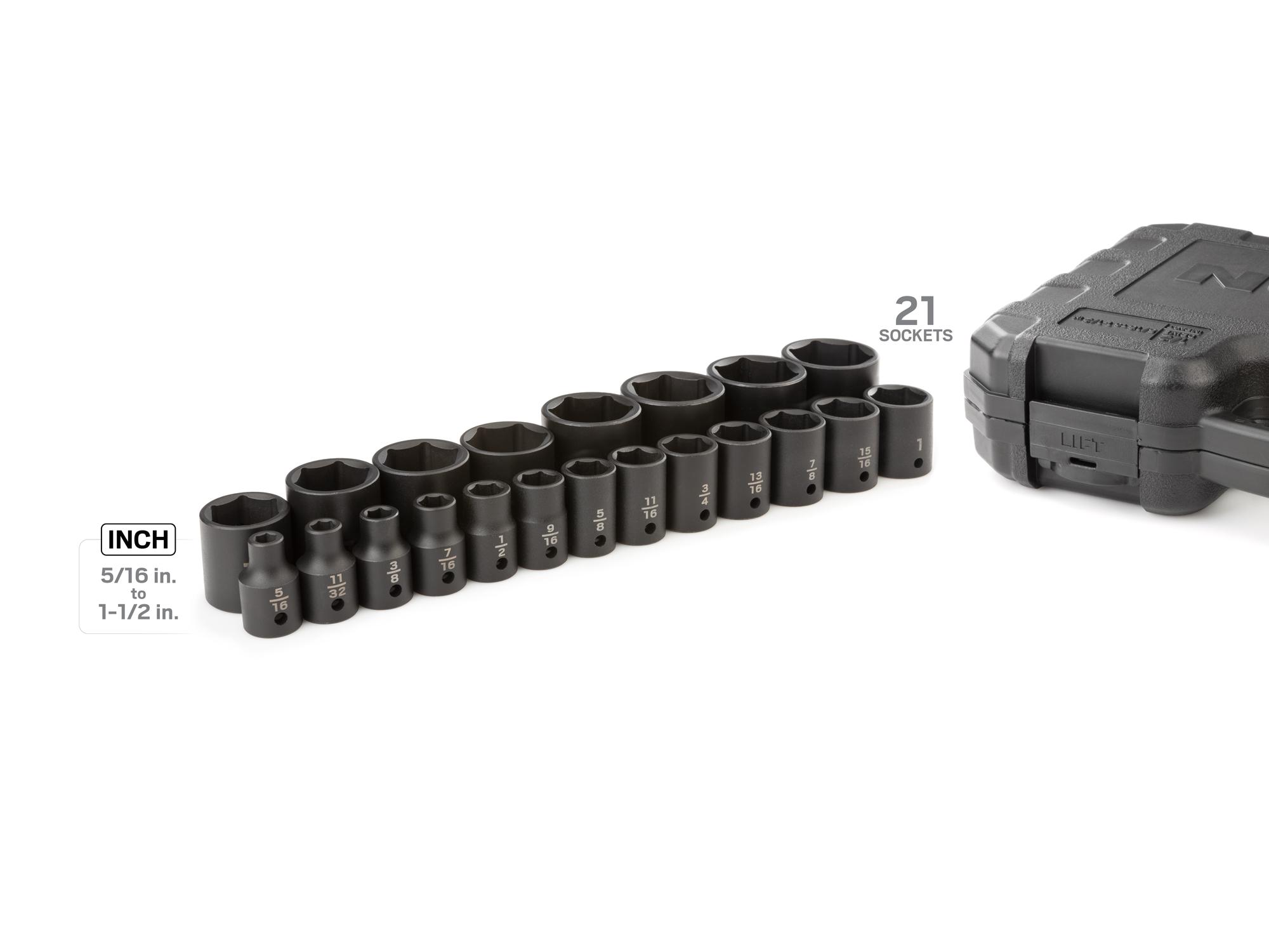 Laid out contents of Tekton case impact drive 6-point socket set. Item #SID92302