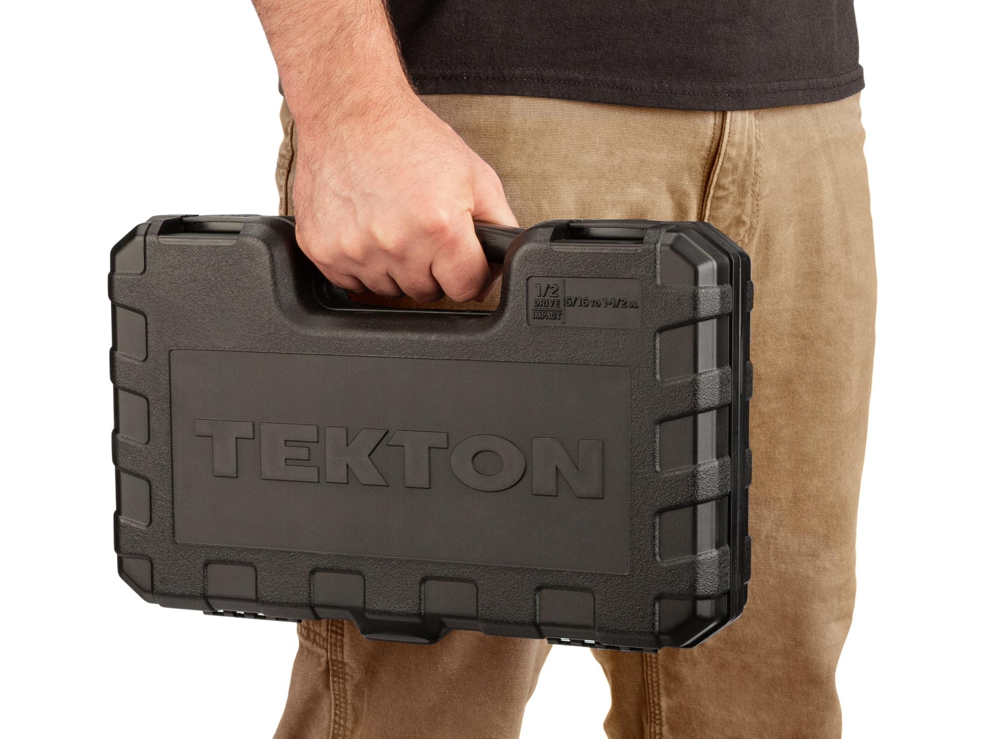 Person holding Tekton case impact drive 6-point socket set. Item #SID92302