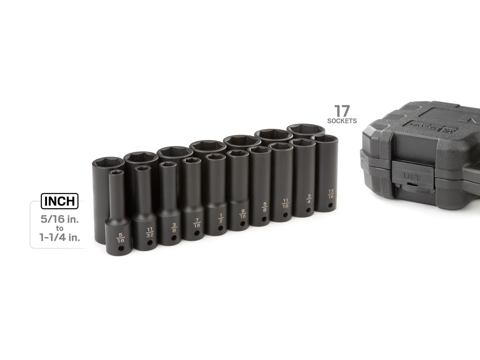 Laid out contents of Tekton case impact drive 6-point socket set. Item #SID92305