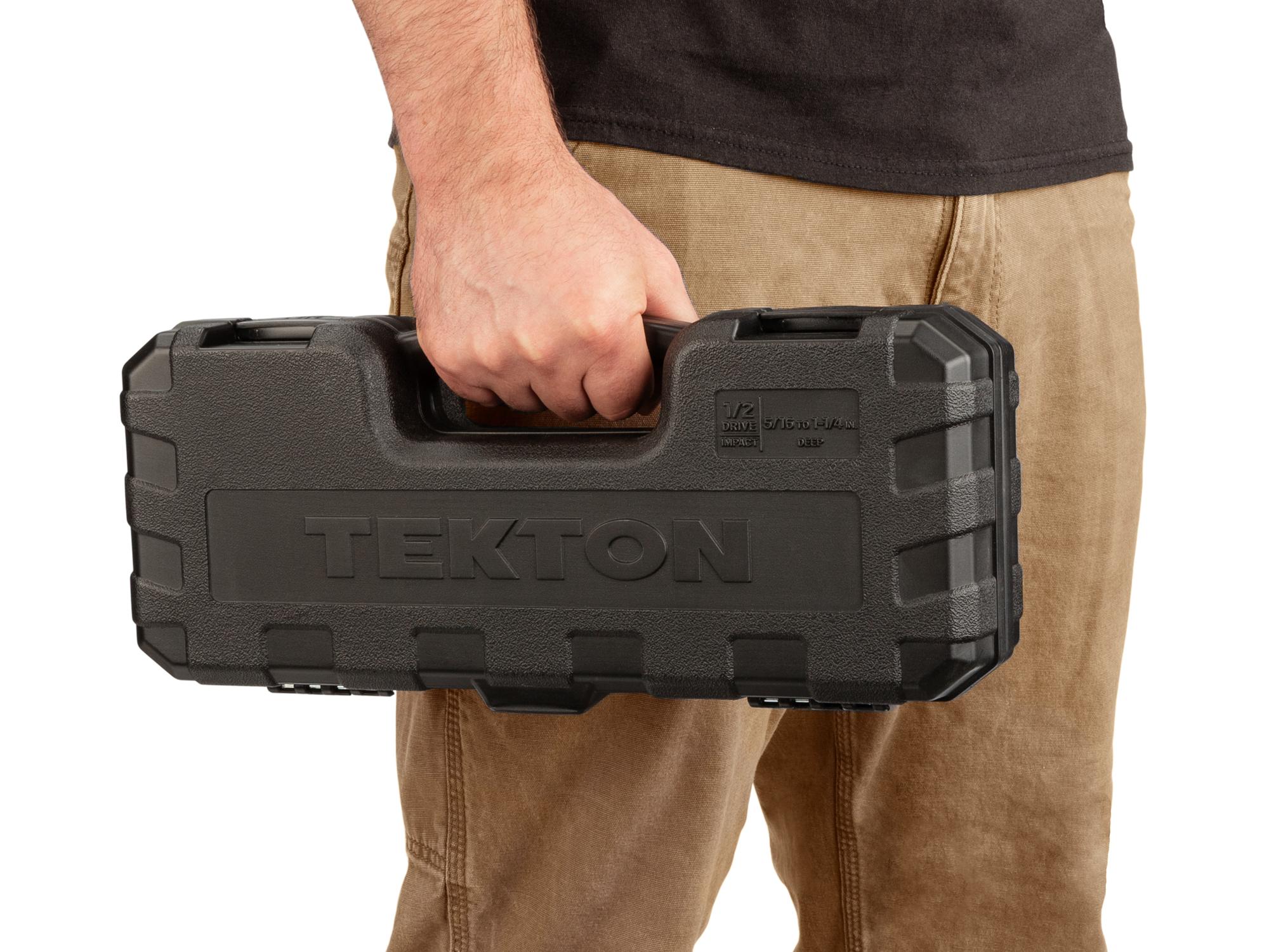Person holding Tekton case impact drive 6-point socket set. Item #SID92305