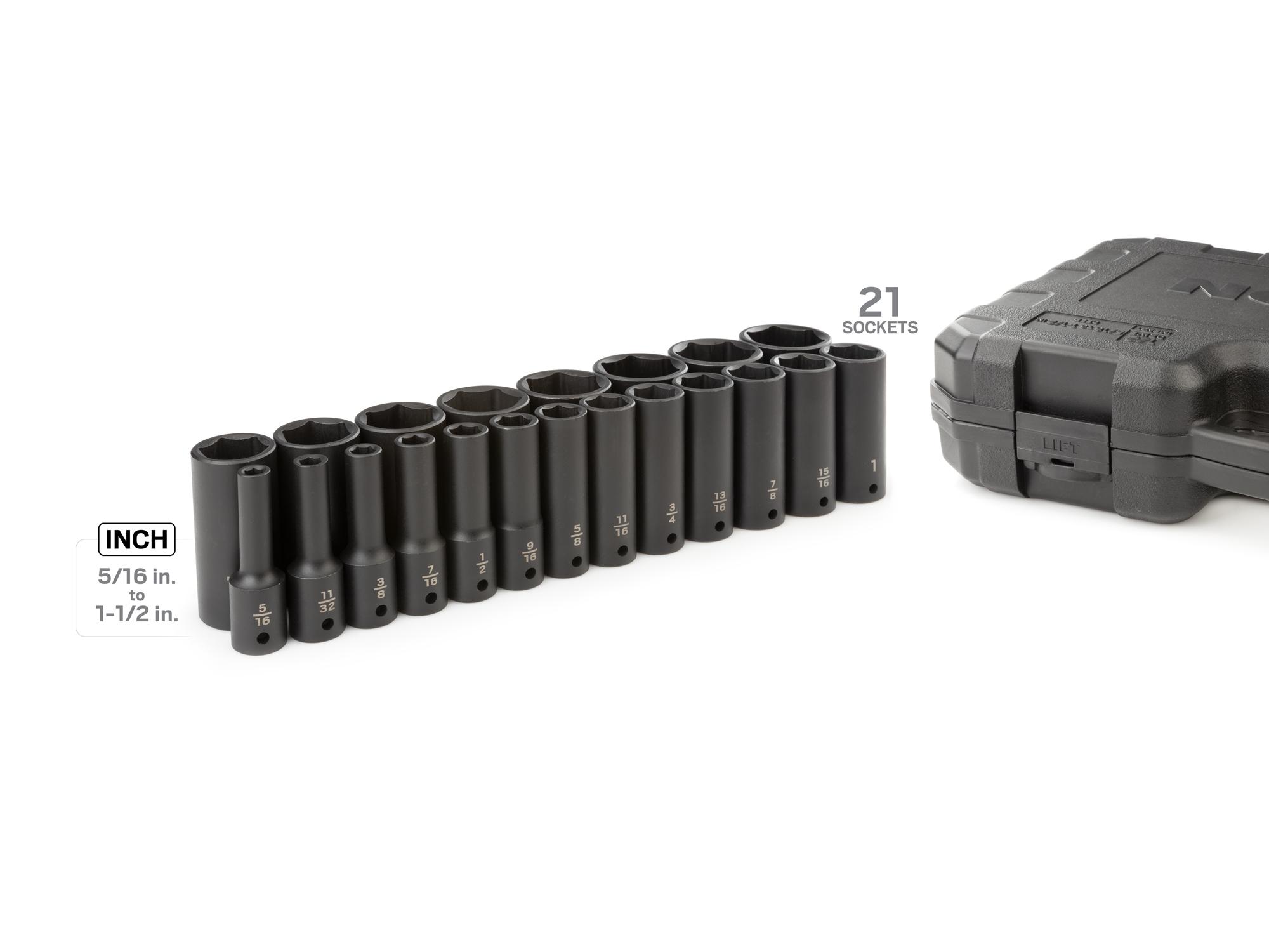 Laid out contents of Tekton case impact drive 6-point socket set. Item #SID92306