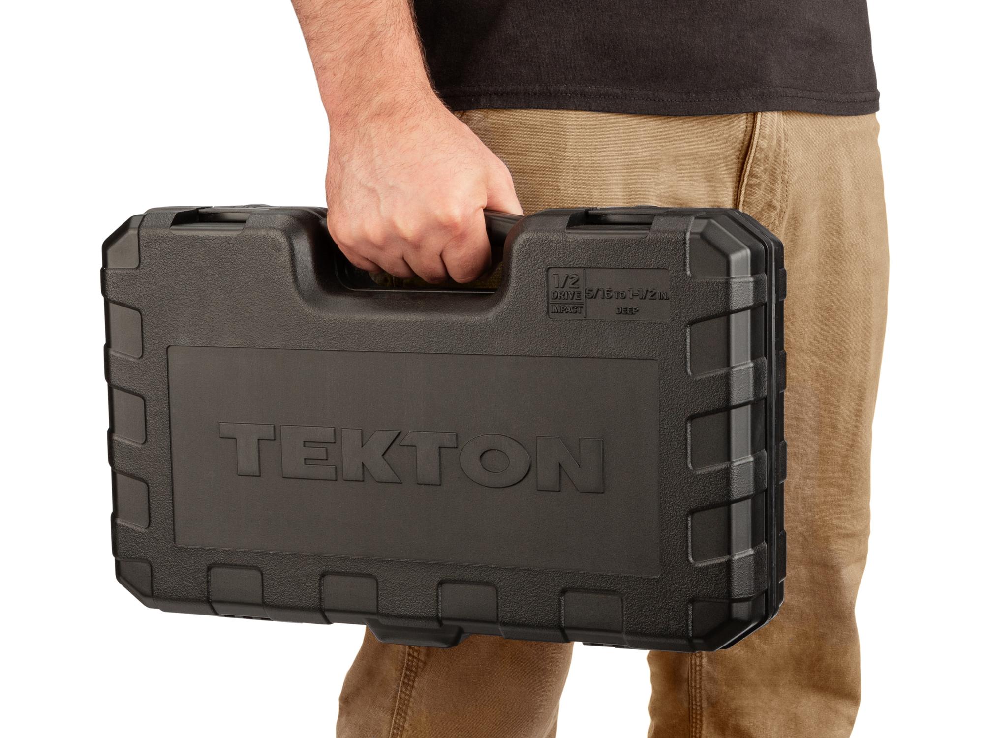 Person holding Tekton case impact drive 6-point socket set. Item #SID92306
