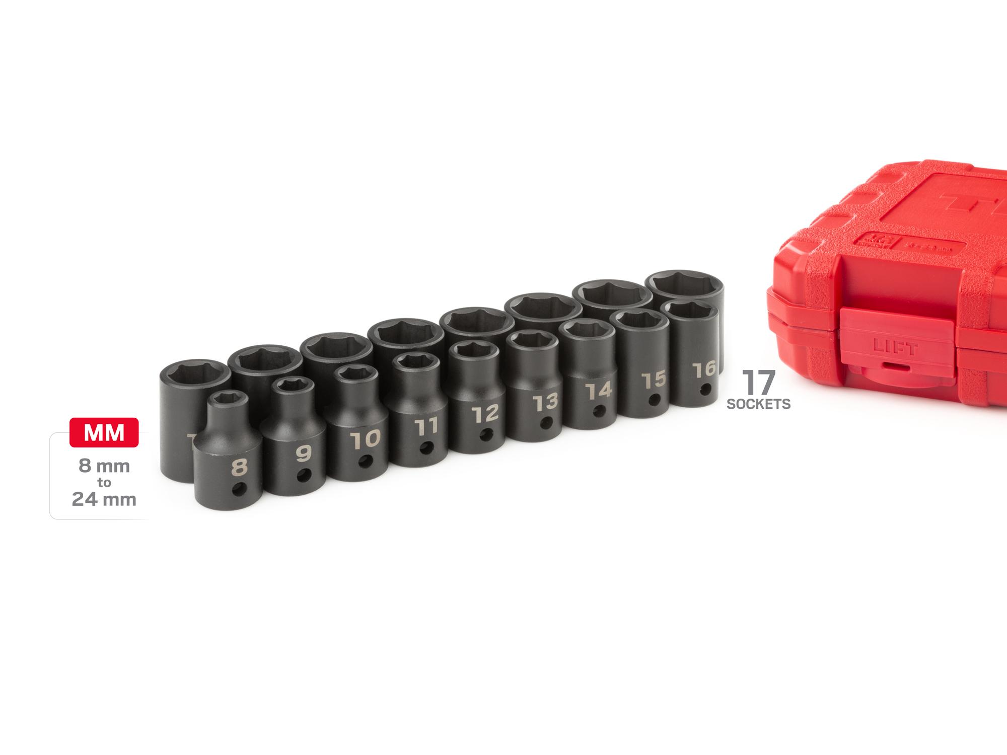 Laid out contents of Tekton case impact drive 6-point socket set. Item #SID92321