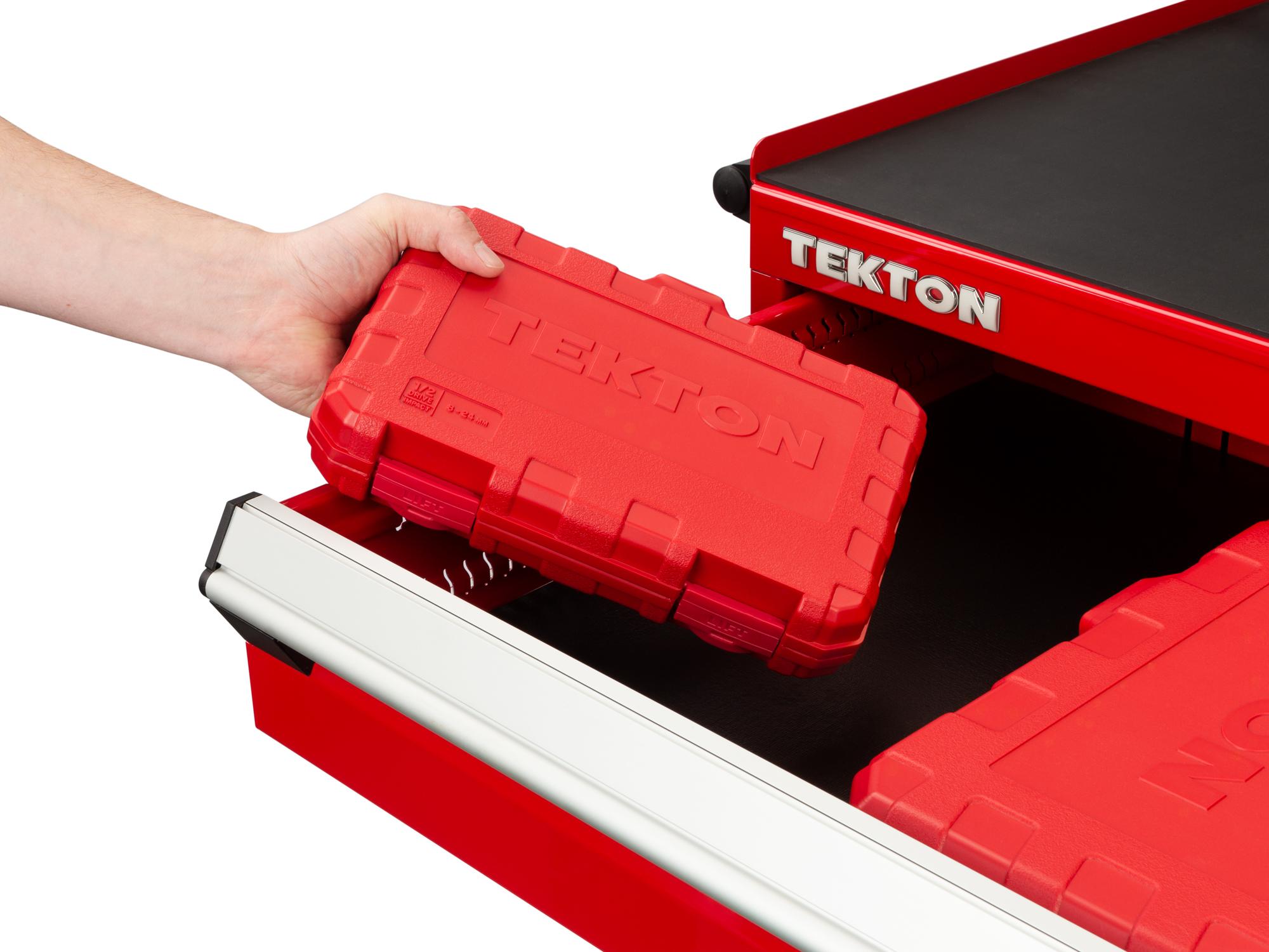 Front angled view of Tekton case impact drive 6-point socket set in a tool cabinet drawer. Item #SID92321