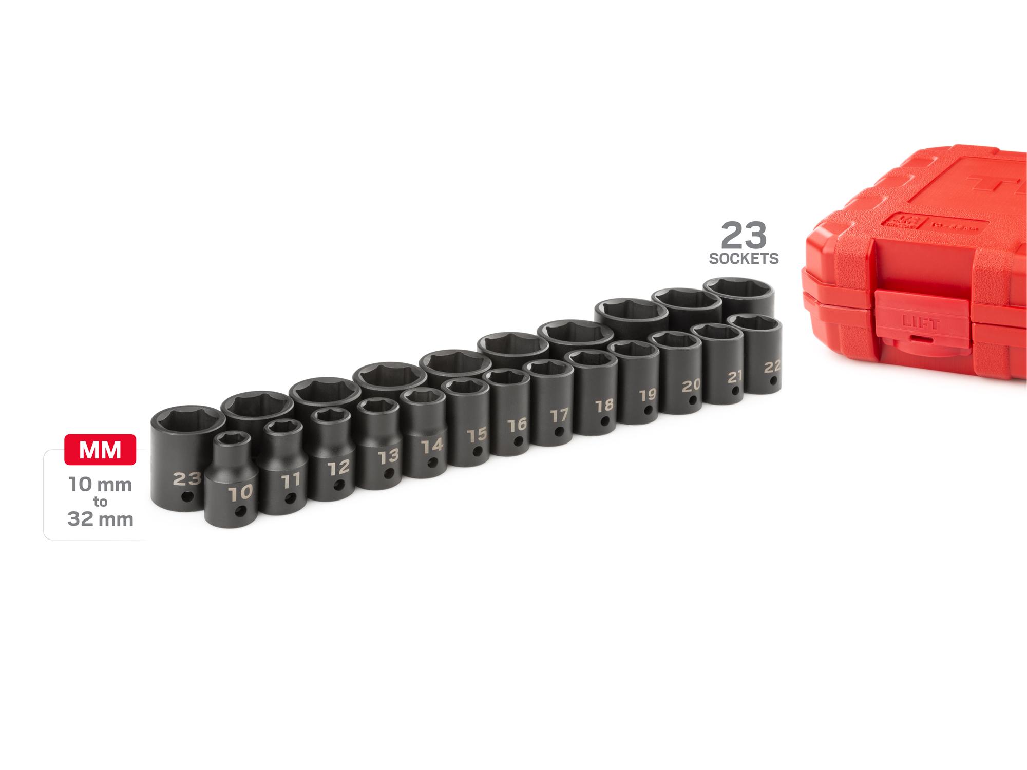 Laid out contents of Tekton case impact drive 6-point socket set. Item #SID92322