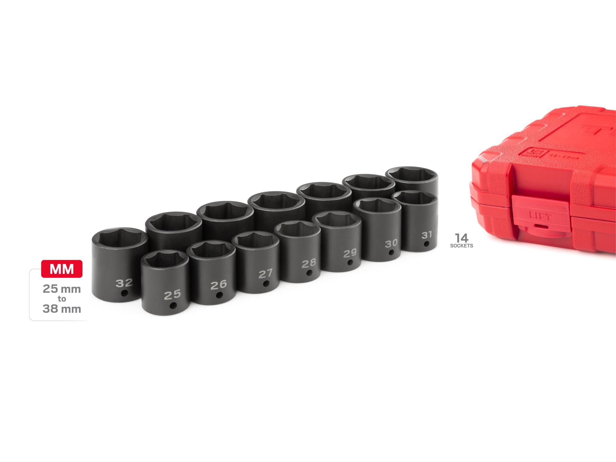 Laid out contents of Tekton case impact drive 6-point socket set. Item #SID92325