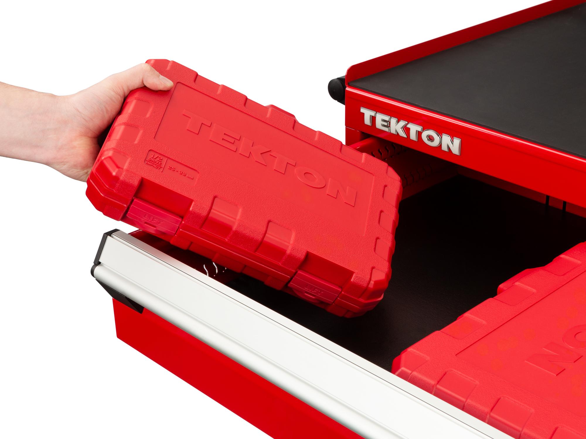 Front angled view of Tekton case impact drive 6-point socket set in a tool cabinet drawer. Item #SID92325