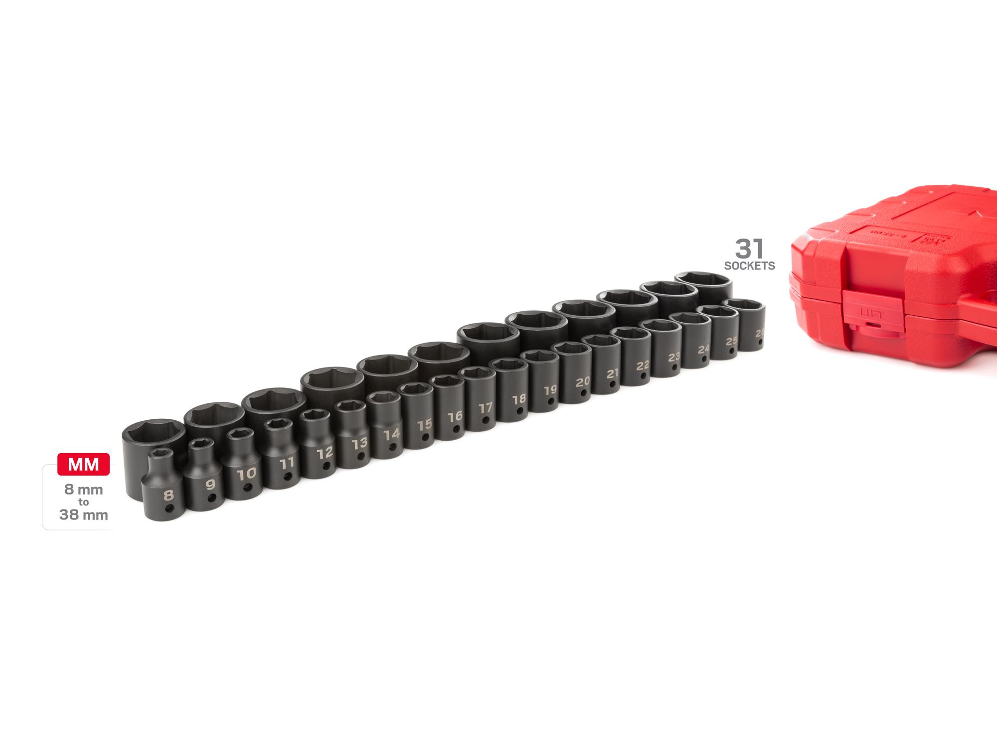 Laid out contents of Tekton case impact drive 6-point socket set. Item #SID92327