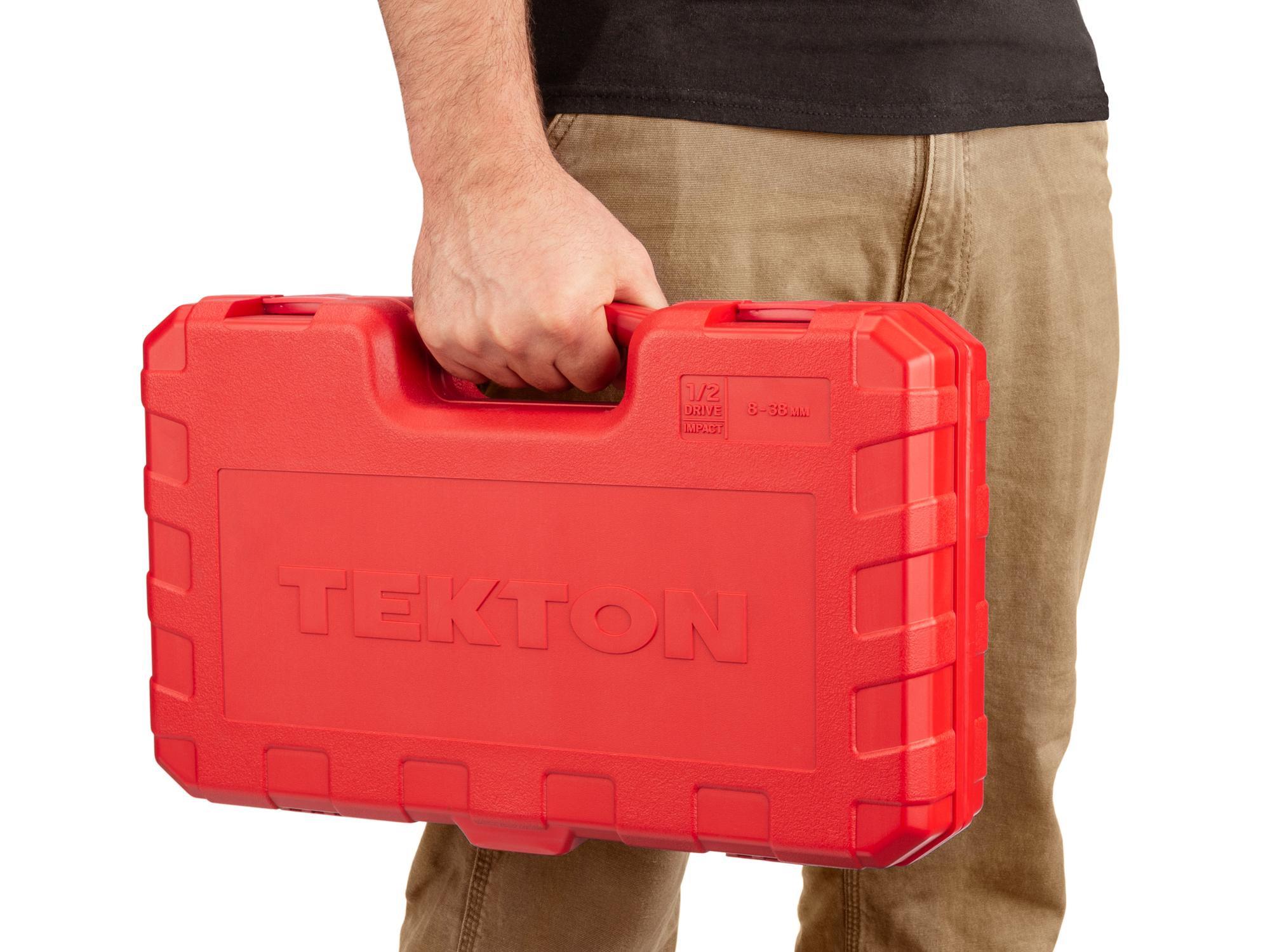 Person holding Tekton case impact drive 6-point socket set. Item #SID92327