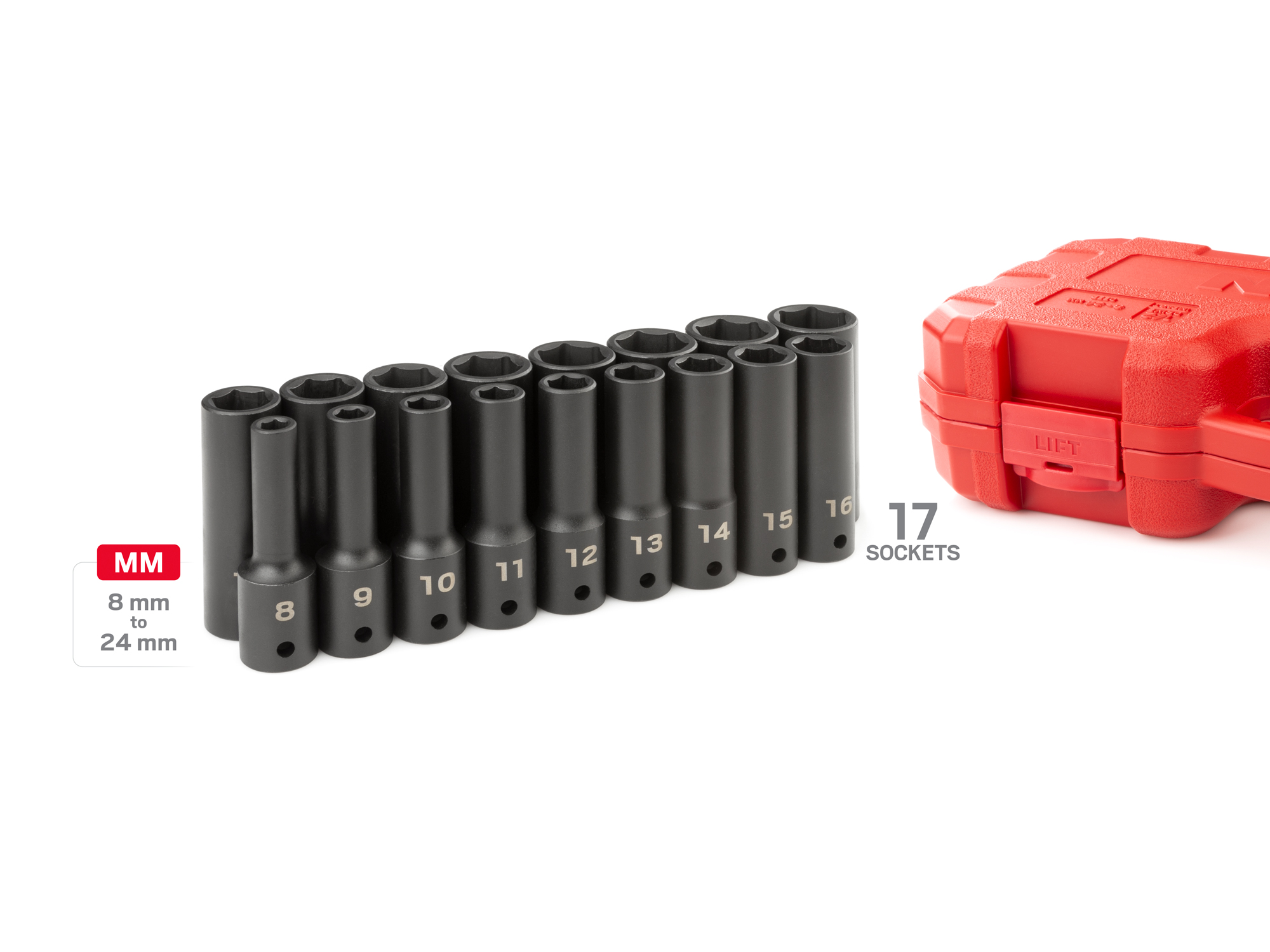 Includes: 8-24 mm (Metric) 6-point deep sockets in case. High-visibility laser etched size marking and a permanent stamped size marking. No skipped sizes. SID92329.