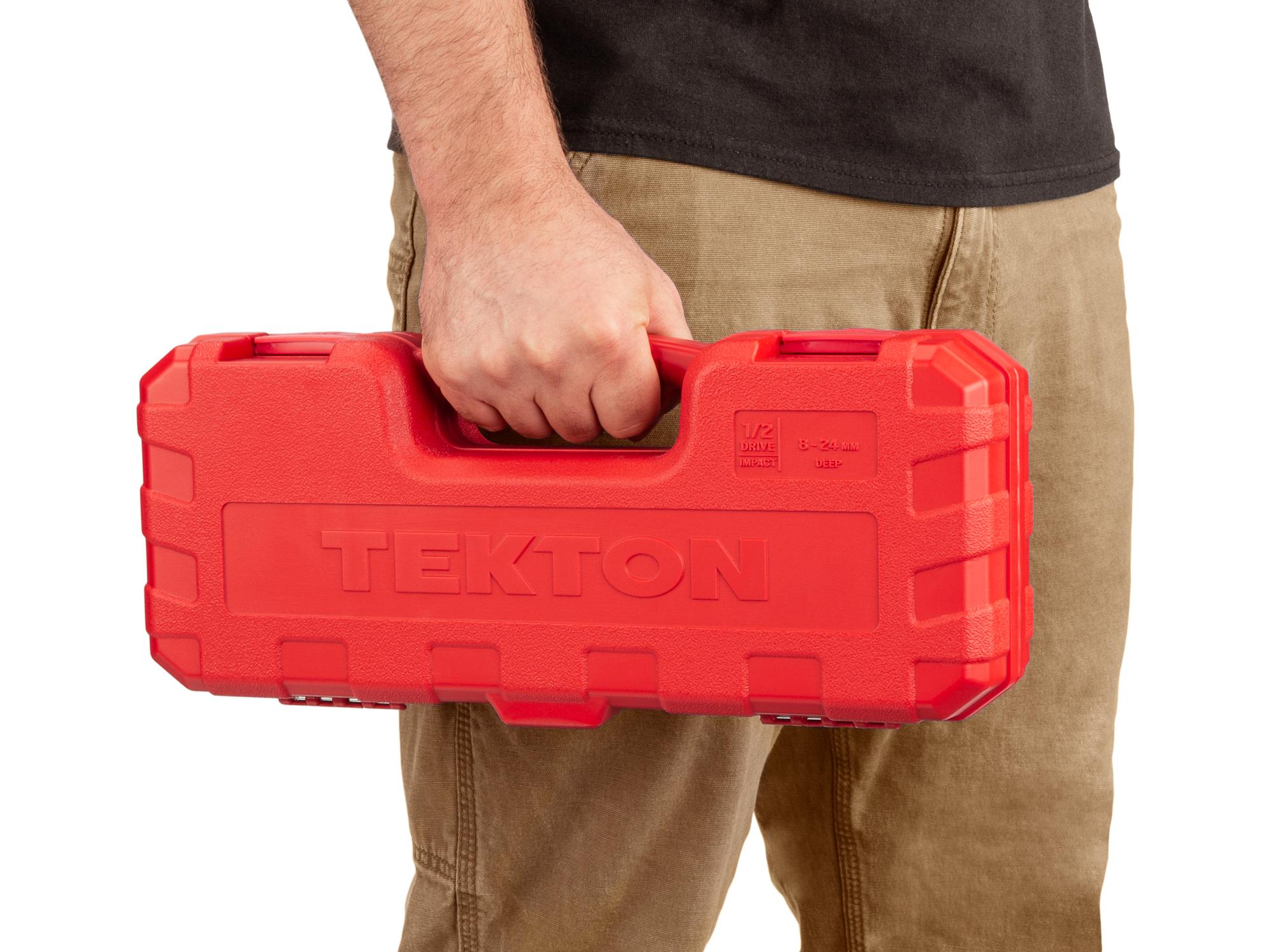 Person holding Tekton case impact drive 6-point socket set. Item #SID92329