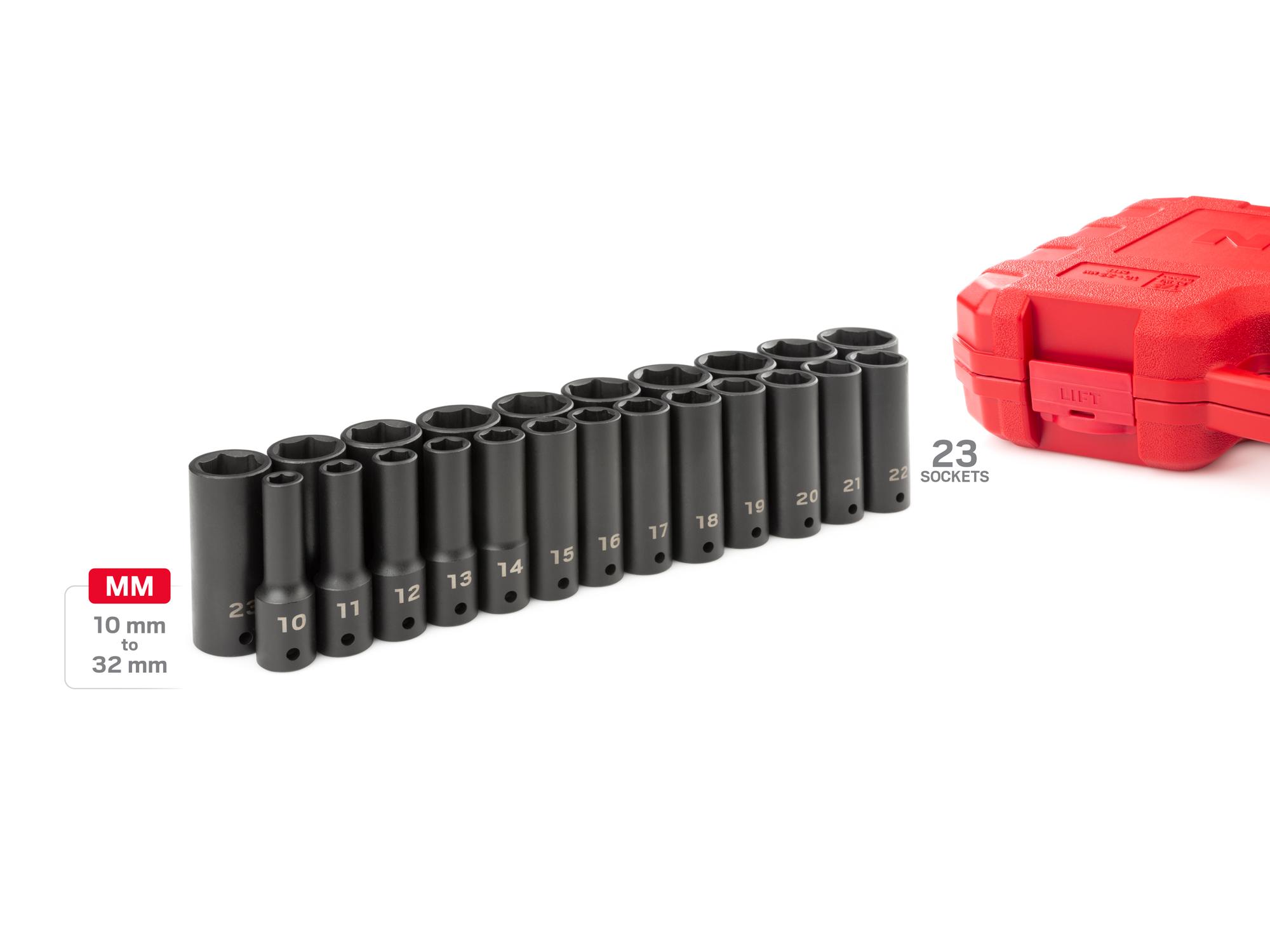 Laid out contents of Tekton case impact drive 6-point socket set. Item #SID92330