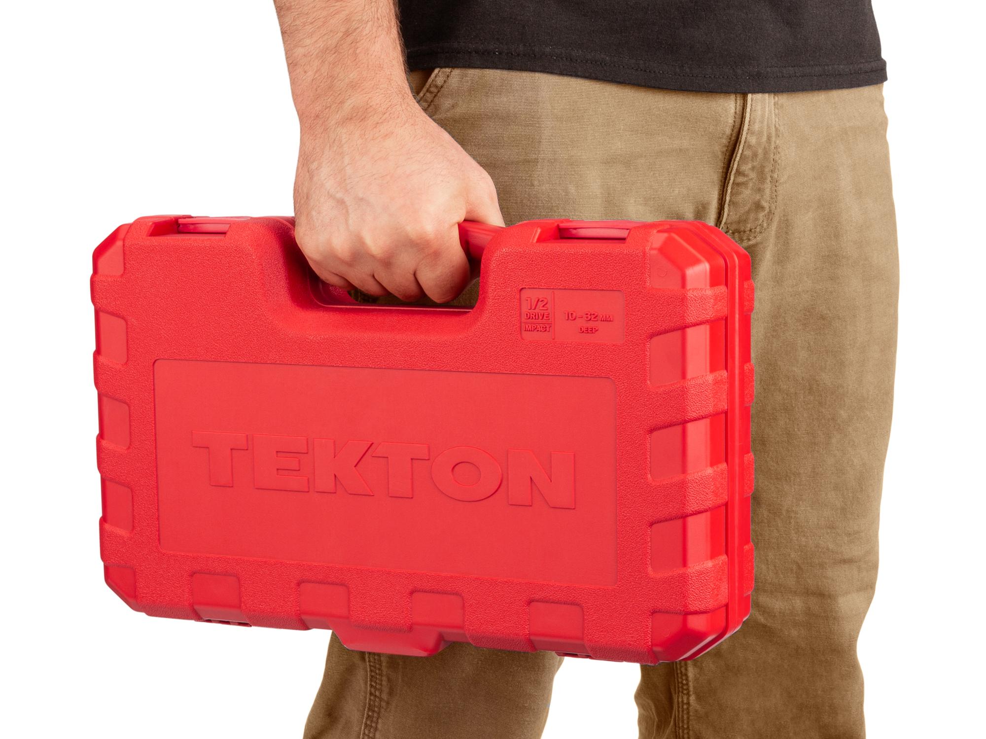 Person holding Tekton case impact drive 6-point socket set. Item #SID92330
