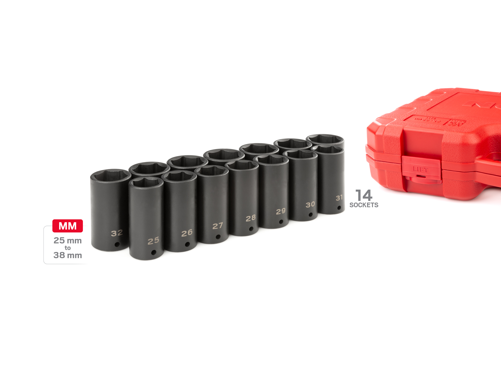 Includes: 25-38 mm (Metric) 6-point deep sockets in case. High-visibility laser etched size marking and a permanent stamped size marking. No skipped sizes. SID92333.