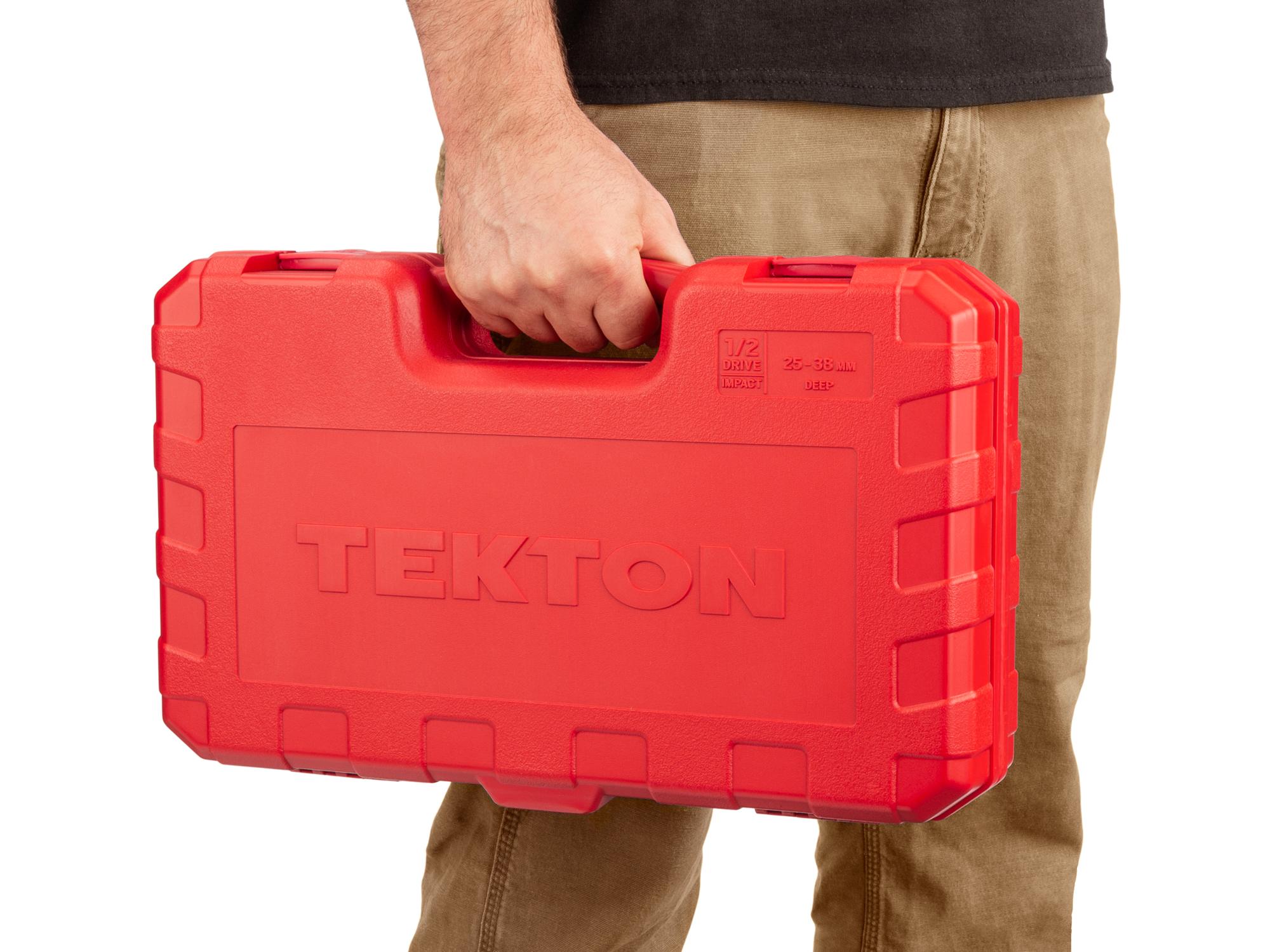 Person holding Tekton case impact drive 6-point socket set. Item #SID92333