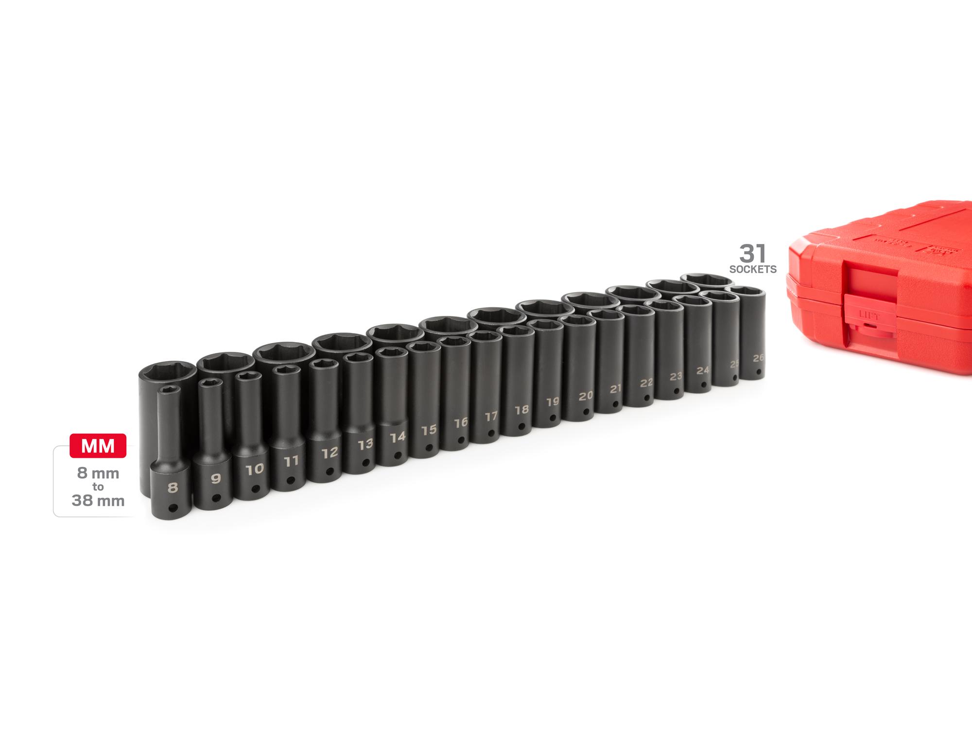 Laid out contents of Tekton case impact drive 6-point socket set. Item #SID92335