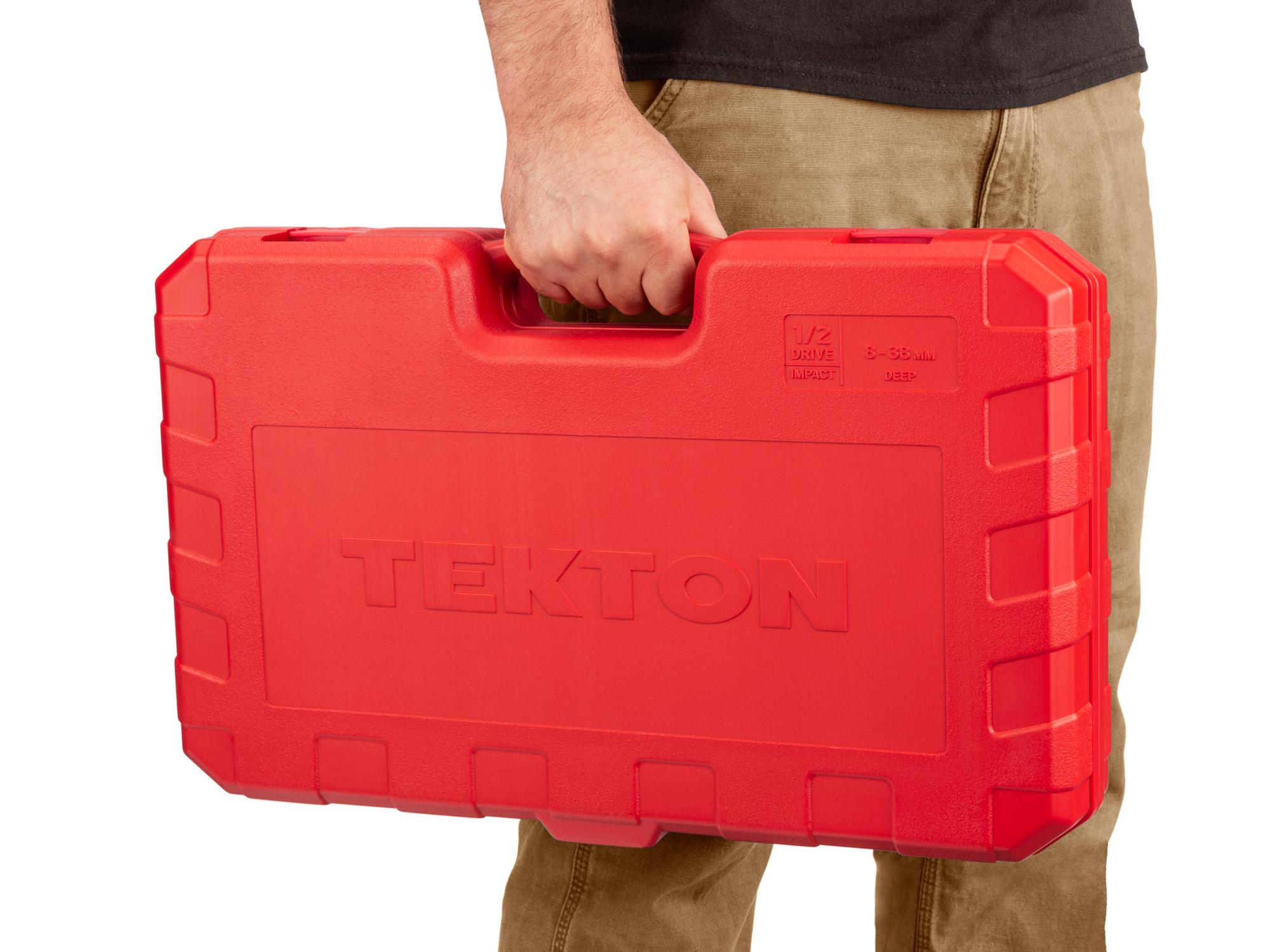 Person holding Tekton case impact drive 6-point socket set. Item #SID92335