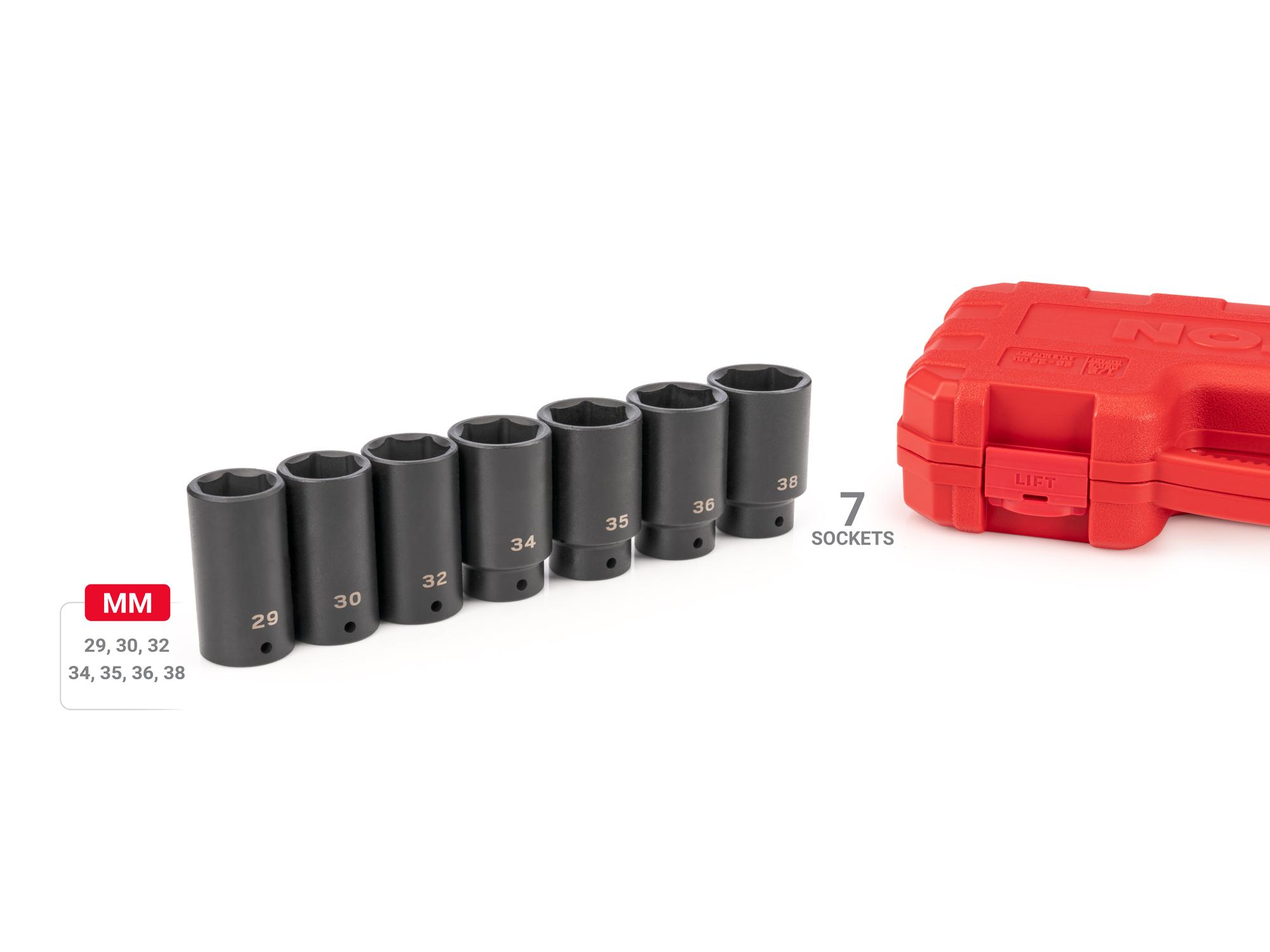 Laid out contents of Tekton case impact drive 6-point socket set. Item #SID92340