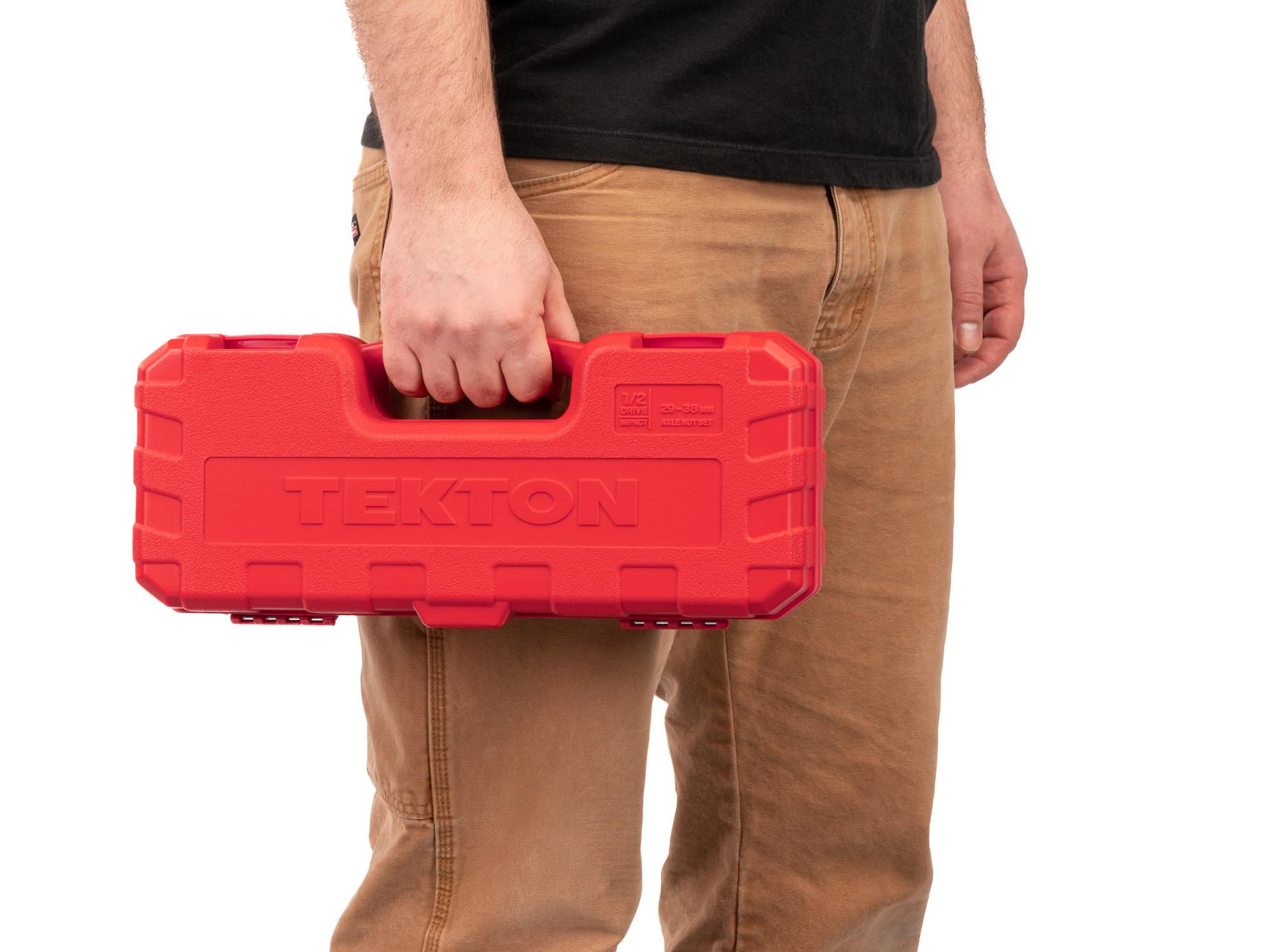 Person holding Tekton case impact drive 6-point socket set. Item #SID92340