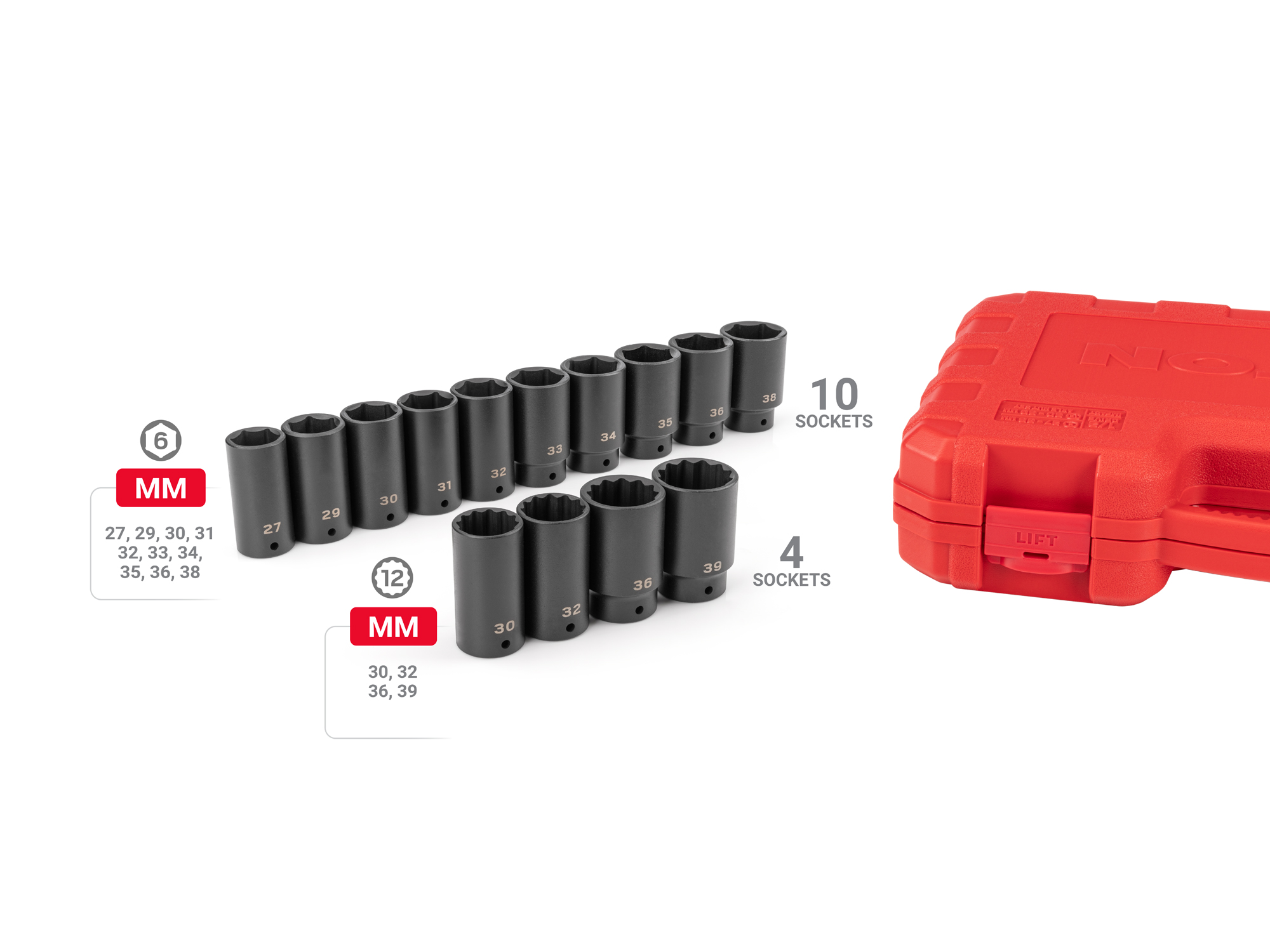 Includes: 1/2 inch drive 6-point sockets (27, 29, 30, 31, 32, 33, 34, 35, 36, 38 mm) and 12-point sockets (30, 32, 36, 39 mm) with storage case. SID9234.