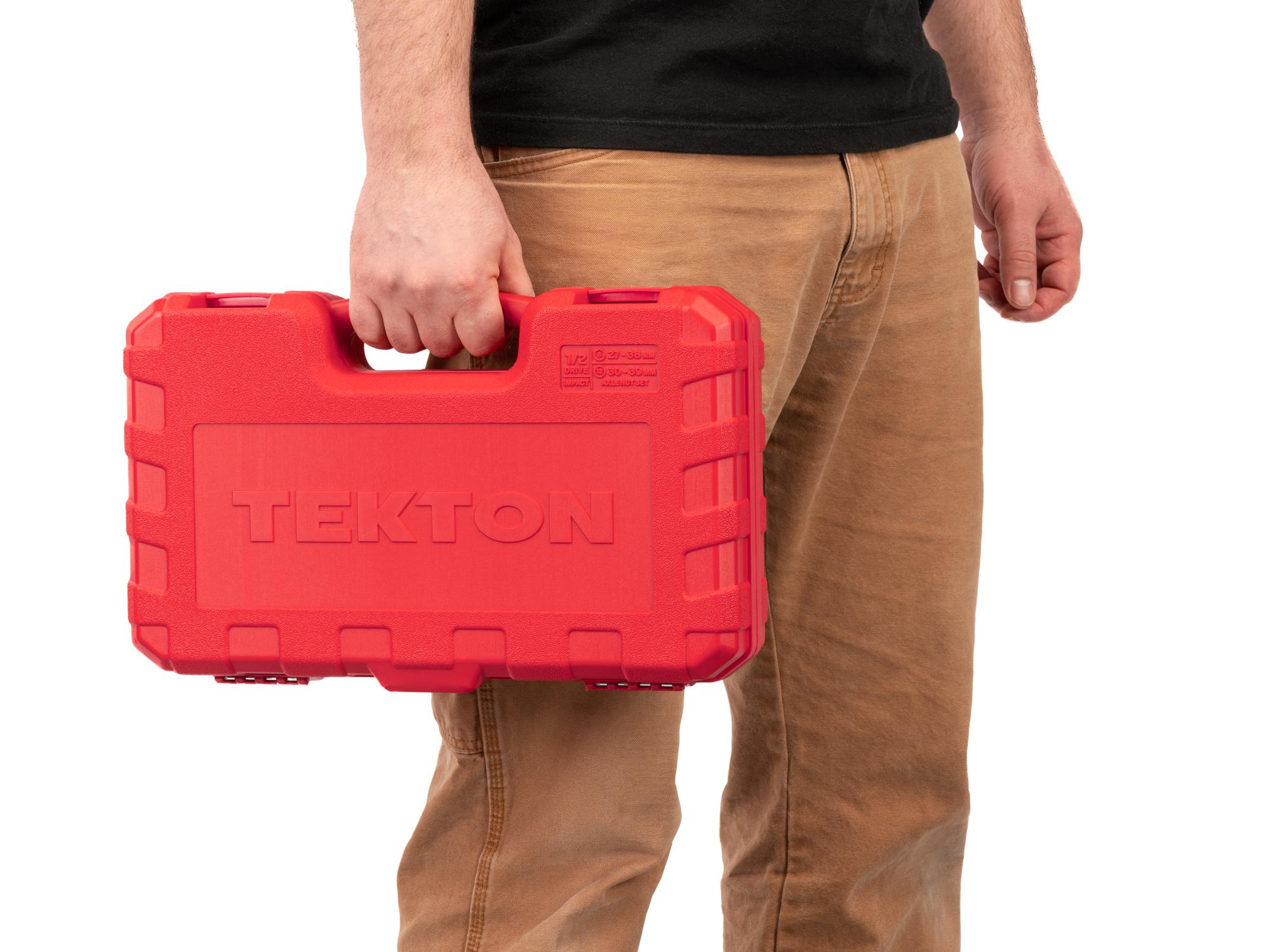 Person holding Tekton case impact drive 6-point socket set. Item #SID92341