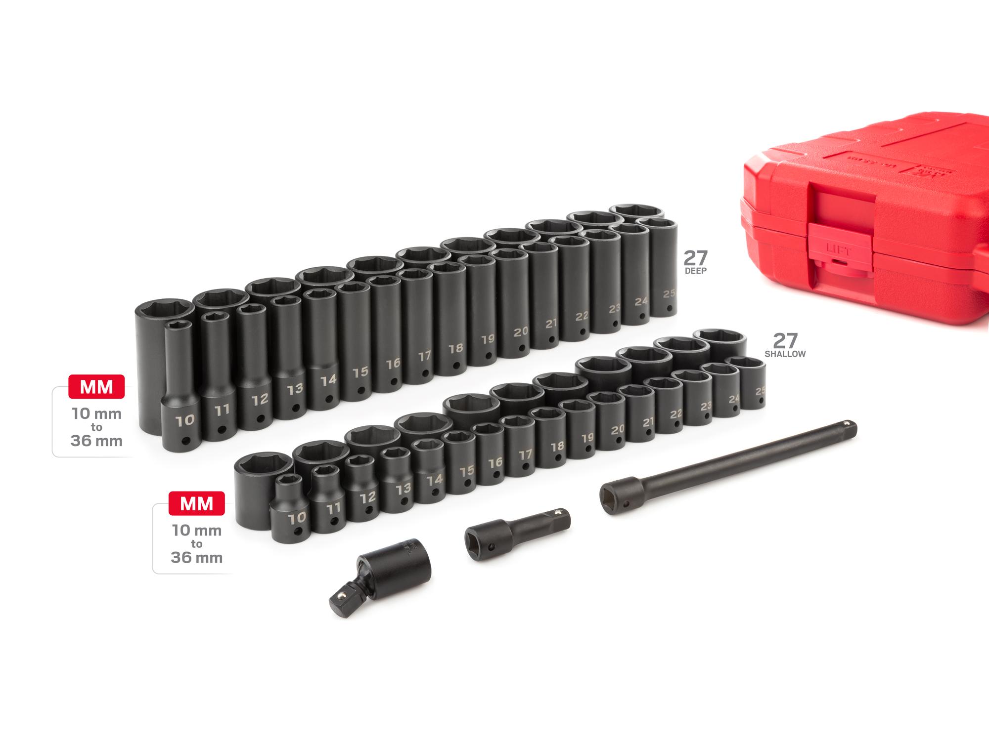 Laid out contents of Tekton case impact drive 6-point socket set. Item #SID92401
