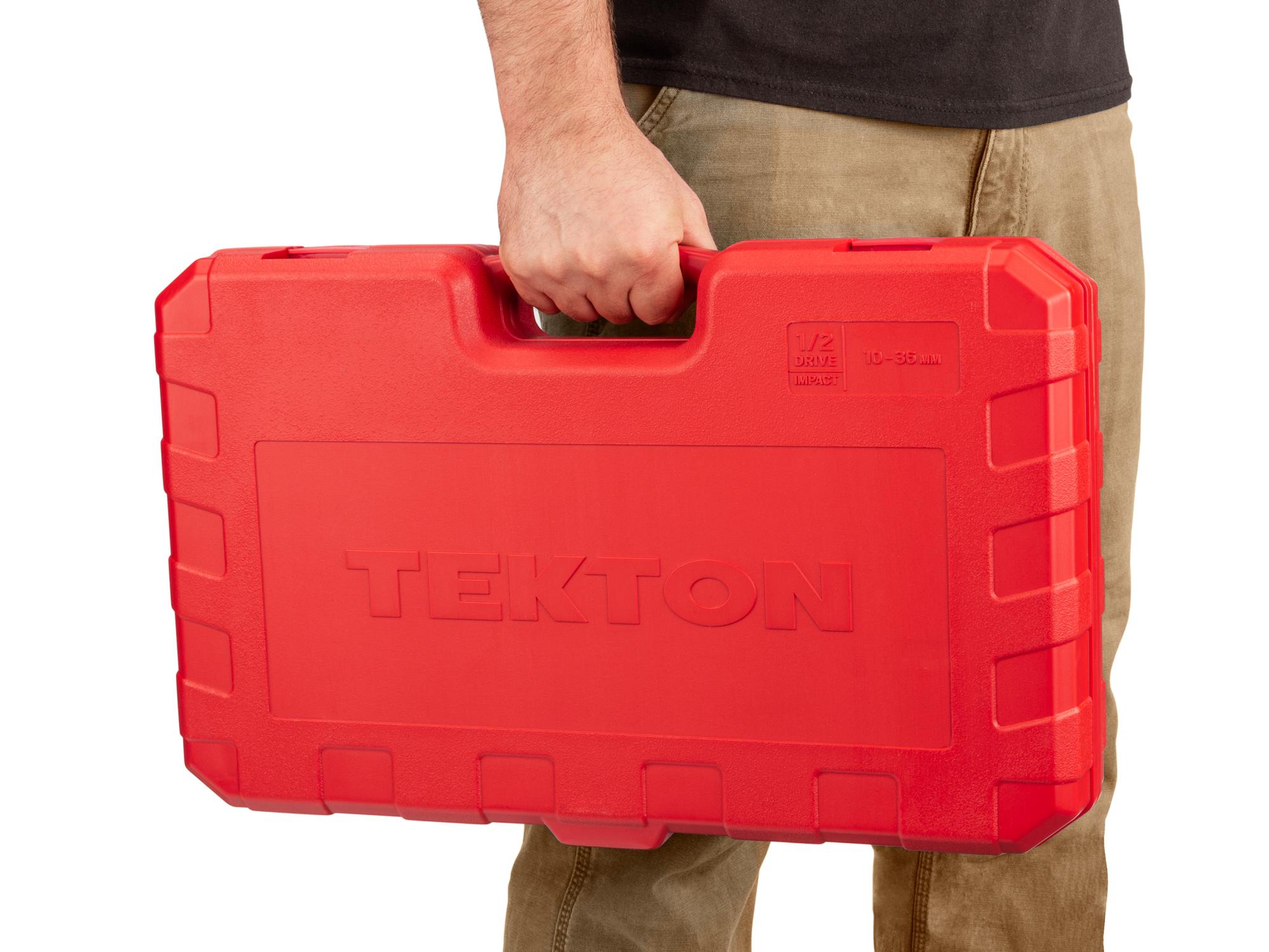 Person holding Tekton case impact drive 6-point socket set. Item #SID92401