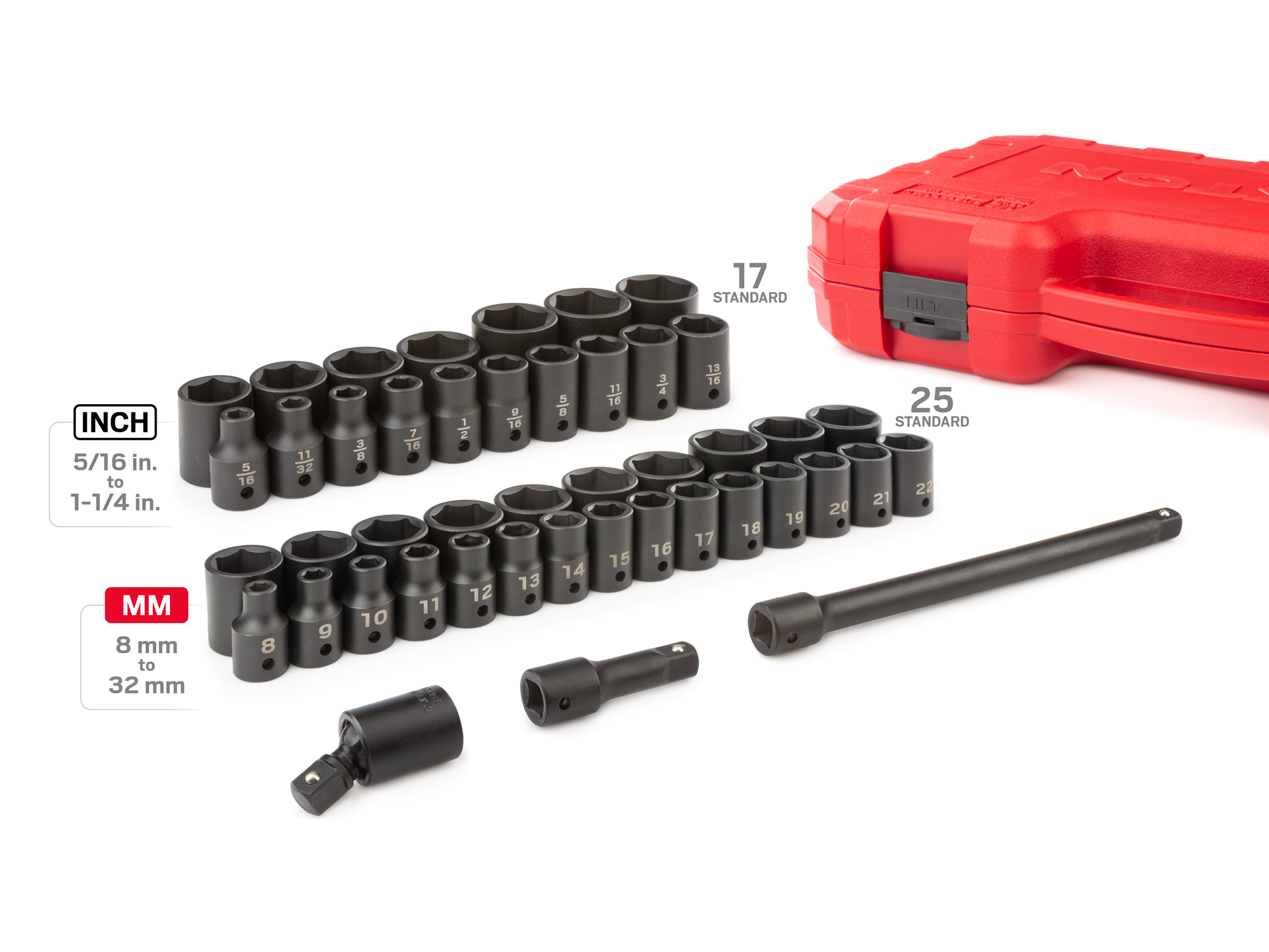 Includes: 5/16 - 1-1/4 inch (SAE), 8-32 mm (Metric) 6-point standard length sockets, extensions, u-joint, and hard case. No skipped sizes. SID92403.