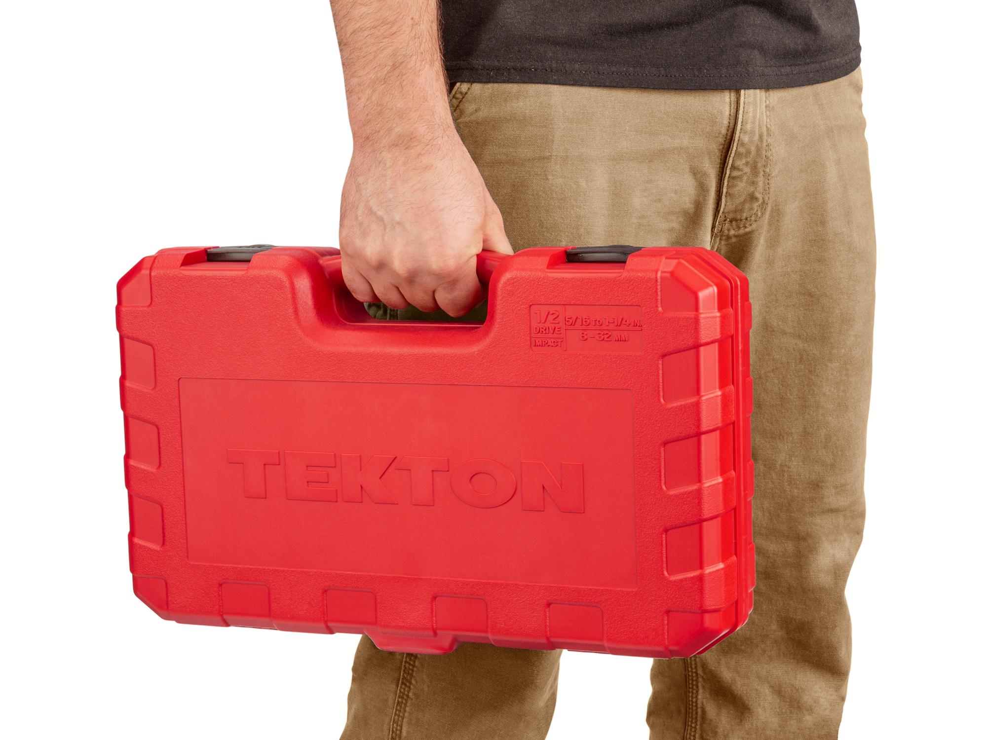 Person holding Tekton case impact drive 6-point socket set. Item #SID92403