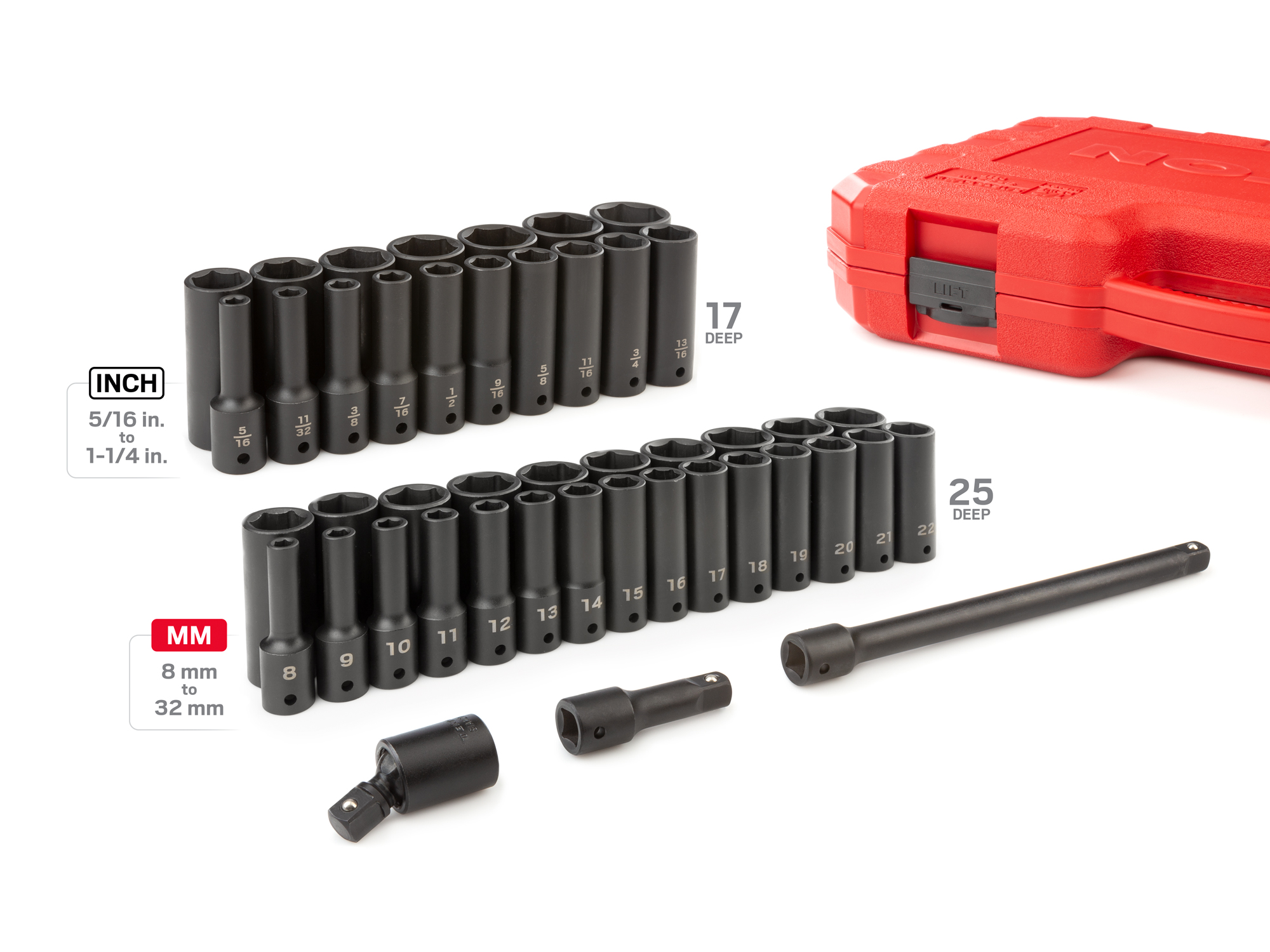 Includes: 5/16 - 1-1/4 inch (SAE), 8-32 mm (Metric) 6-point deep length sockets, extensions, u-joint, and hard case. No skipped sizes. SID92404.