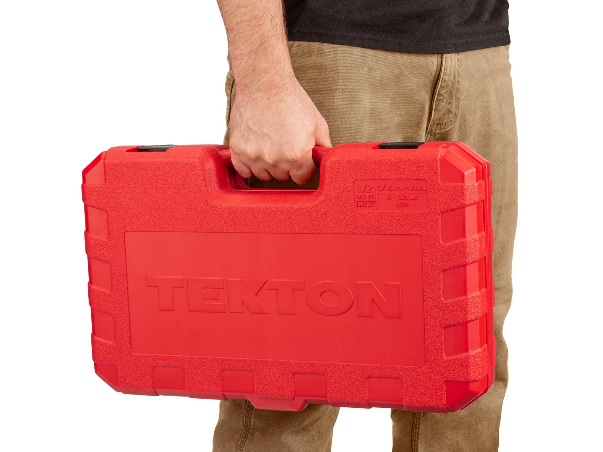 Person holding Tekton case impact drive 6-point socket set. Item #SID92404