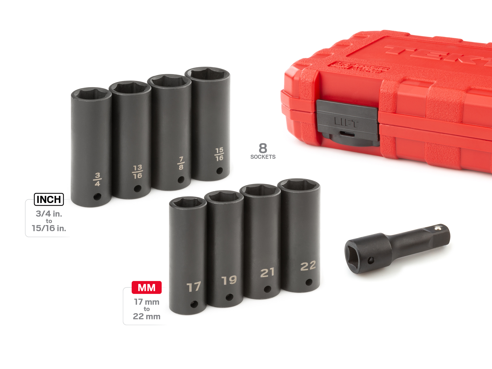 Includes: 3/4-15/16 inch (SAE), 17-22 mm (Metric) impact sockets. Each socket has a high-visibility laser marking and a permanent stamped marking. SID92415.