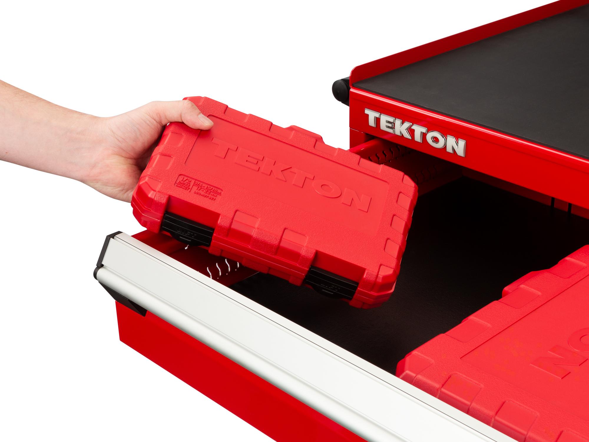 Front angled view of Tekton case impact drive 6-point socket set in a tool cabinet drawer. Item #SID92415