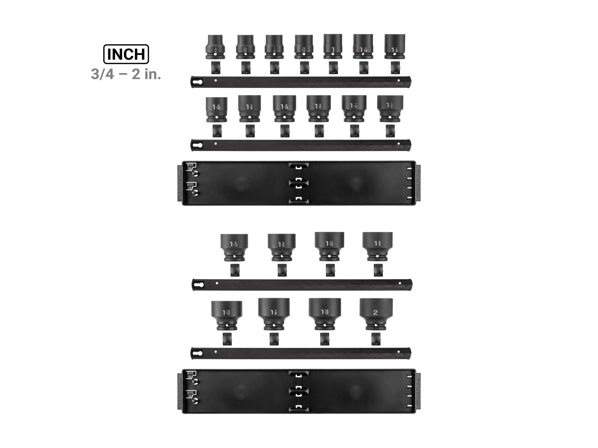 Laid out contents of Tekton rail impact drive 6-point socket set. Item #SID93101