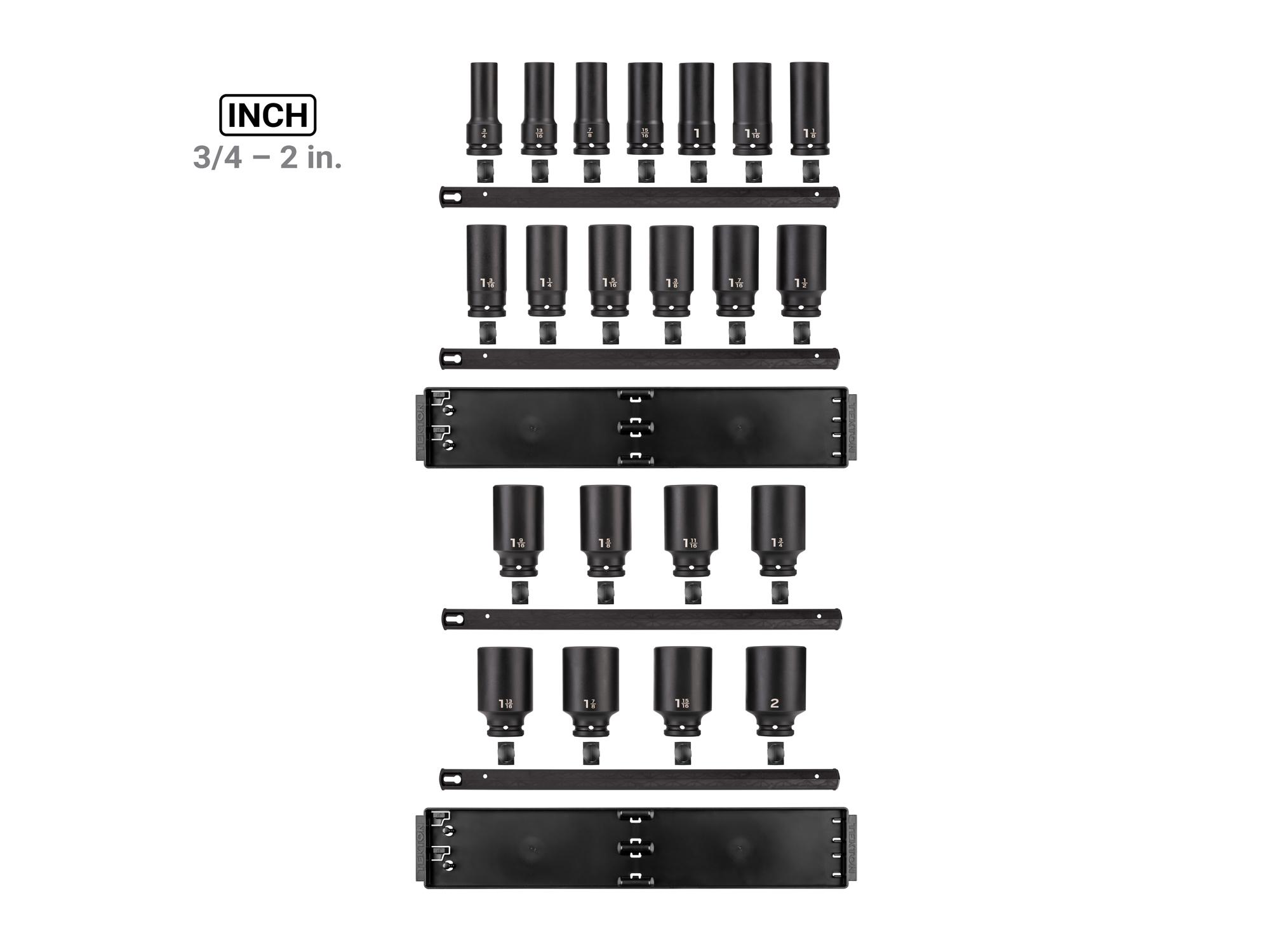 Laid out contents of Tekton rail impact drive 6-point socket set. Item #SID93102