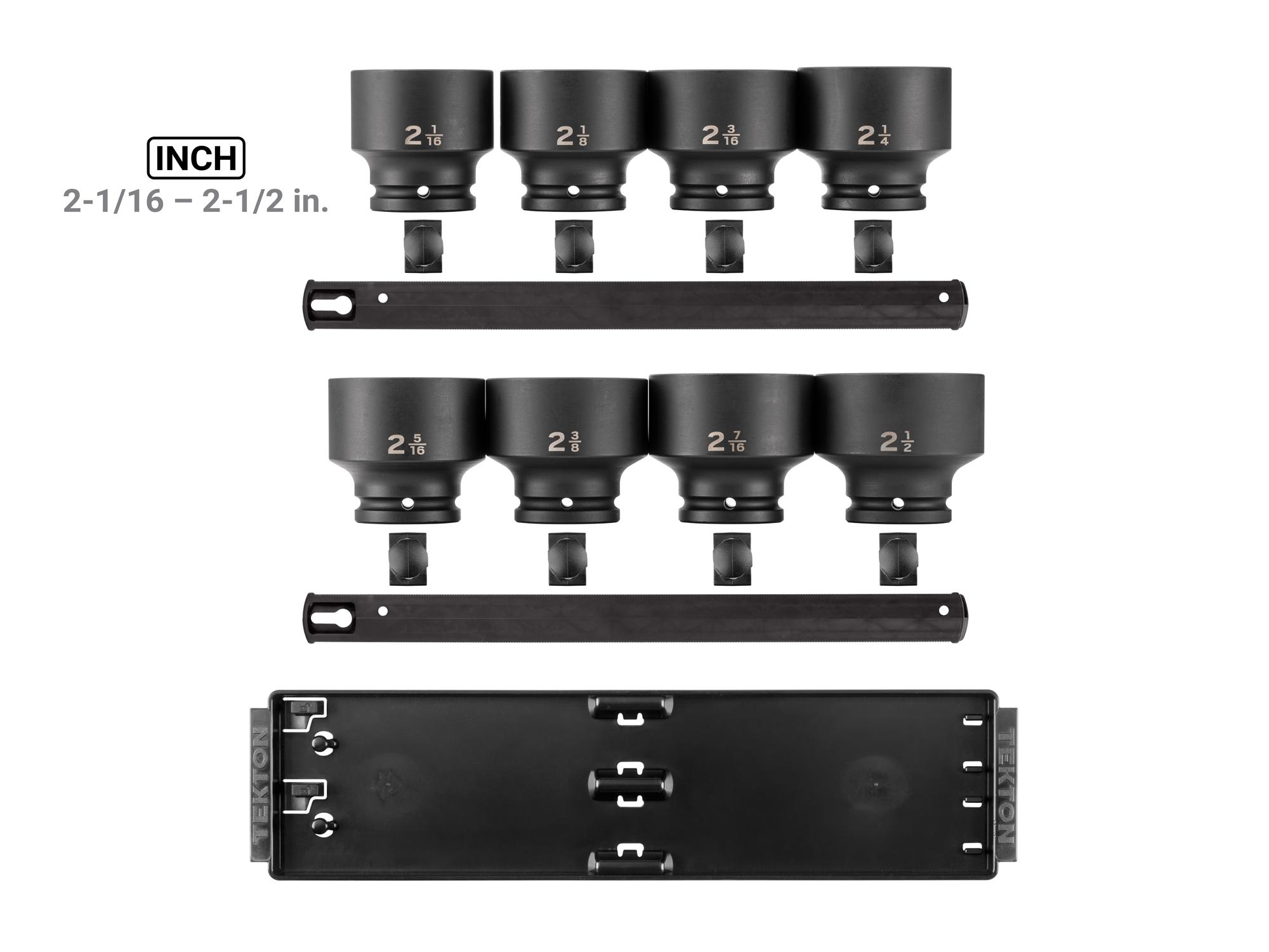 Laid out contents of Tekton rail impact drive 6-point socket set. Item #SID93104