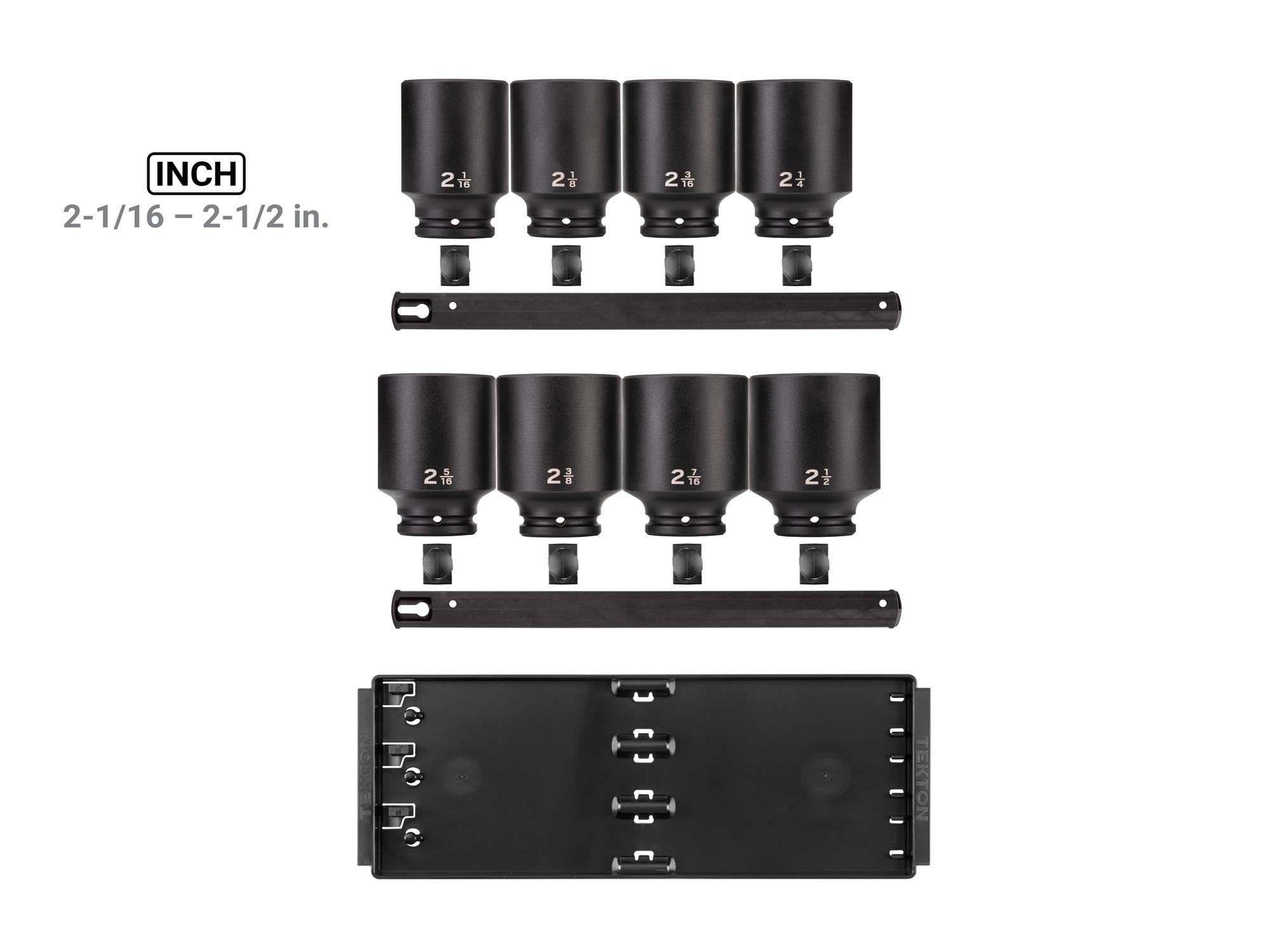 Laid out contents of Tekton rail impact drive 6-point socket set. Item #SID93105