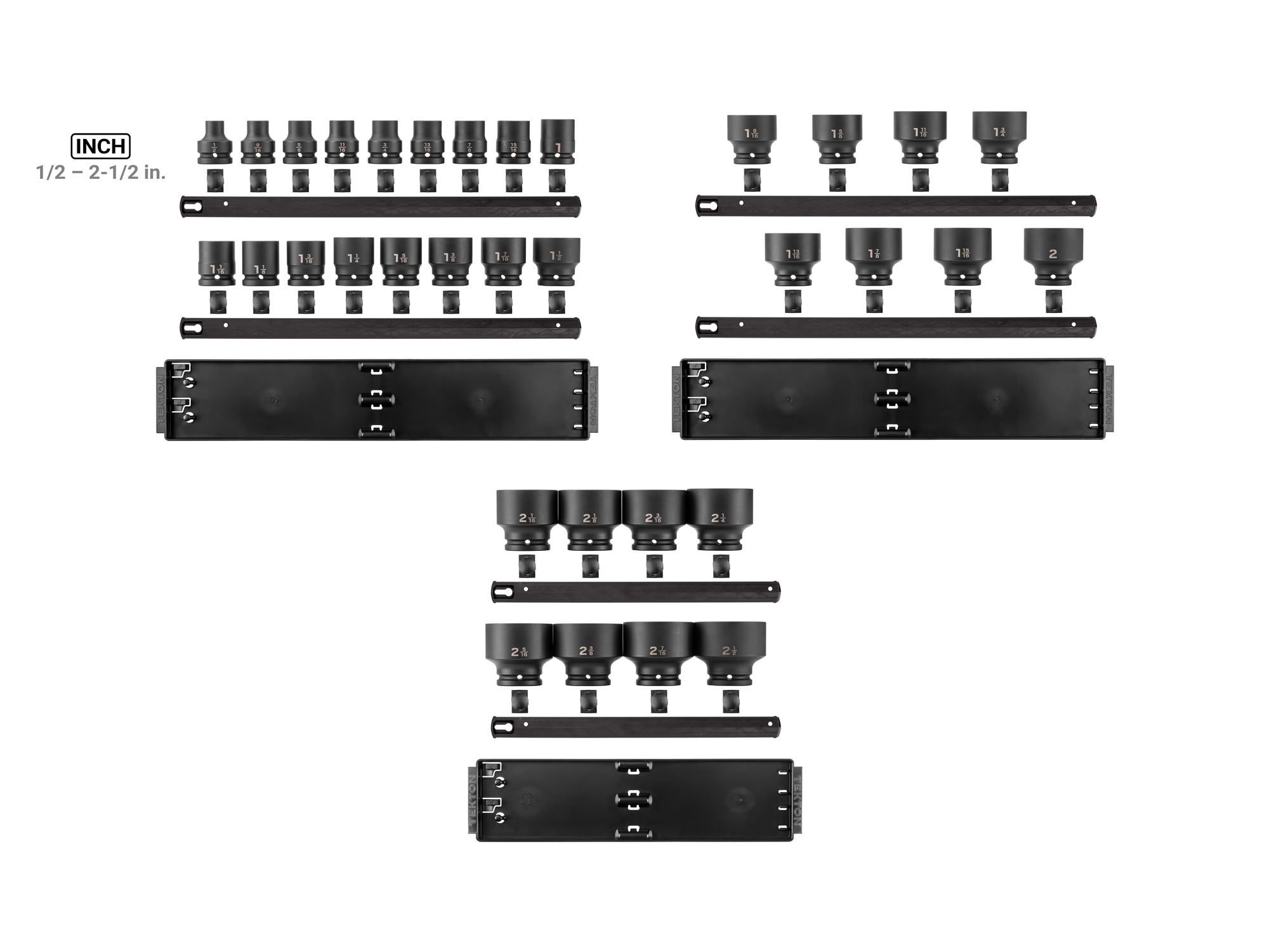 Laid out contents of Tekton rail and tray impact drive 6-point socket set. Item #SID93107