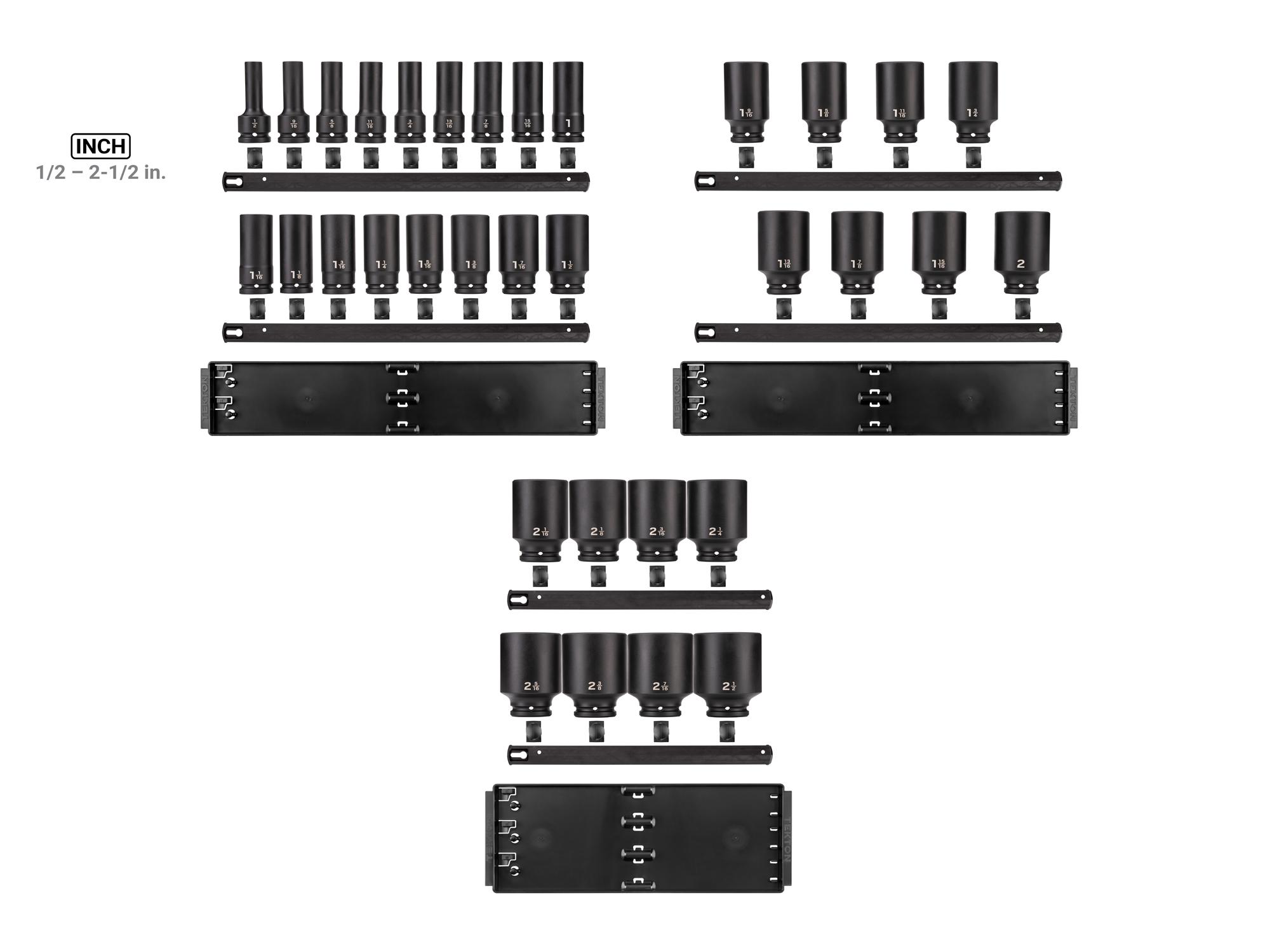 Laid out contents of Tekton rail impact drive 6-point socket set. Item #SID93108