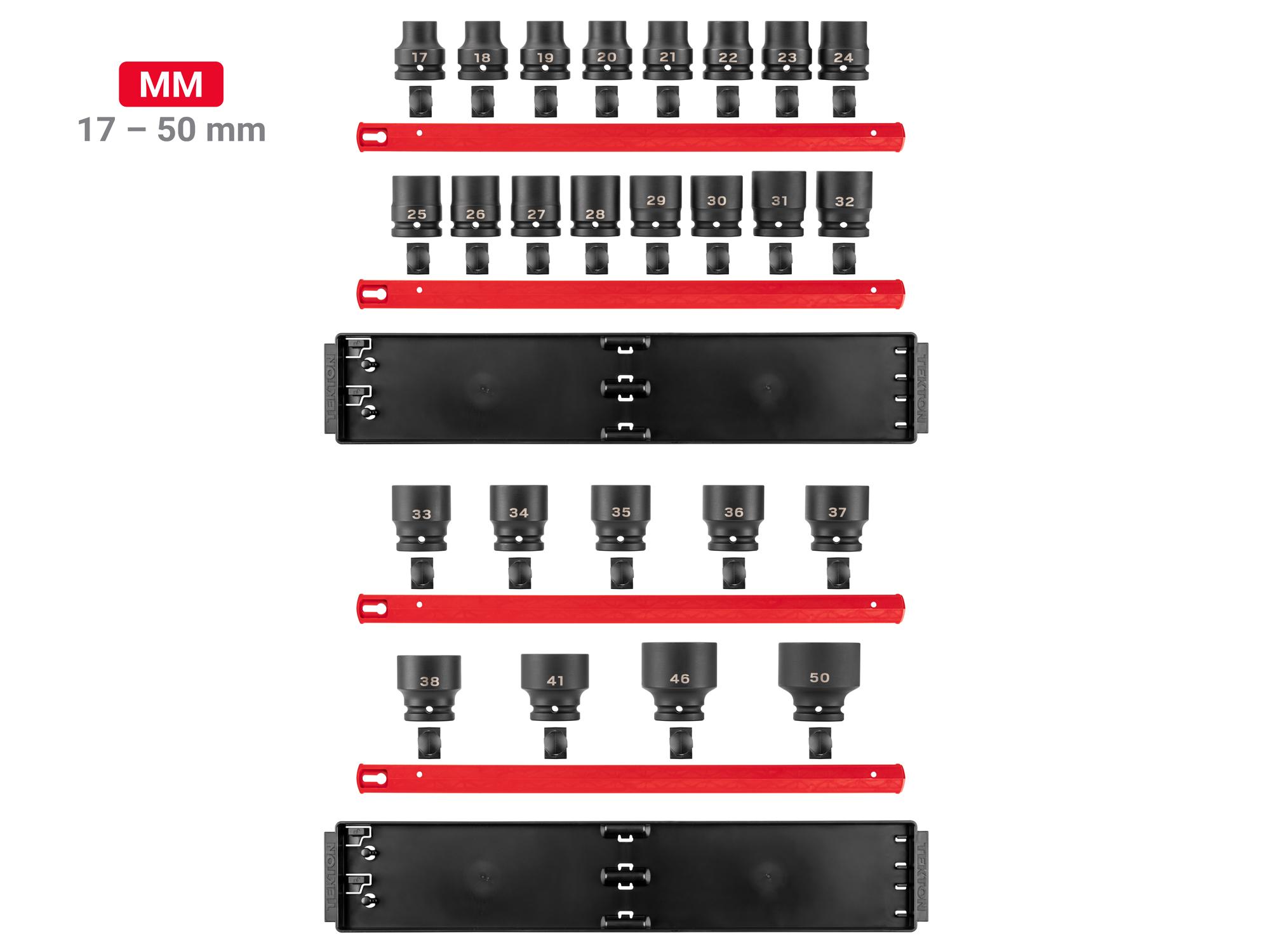 Laid out contents of Tekton rail impact drive 6-point socket set. Item #SID93113